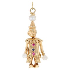 Yellow Gold Pearl Ruby Sapphire Circus Clown Charm -14k .12ctw Entertainer Moves