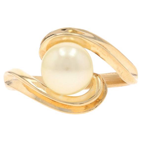 Yellow Gold Pearl Solitaire Bypass Ring - 14k