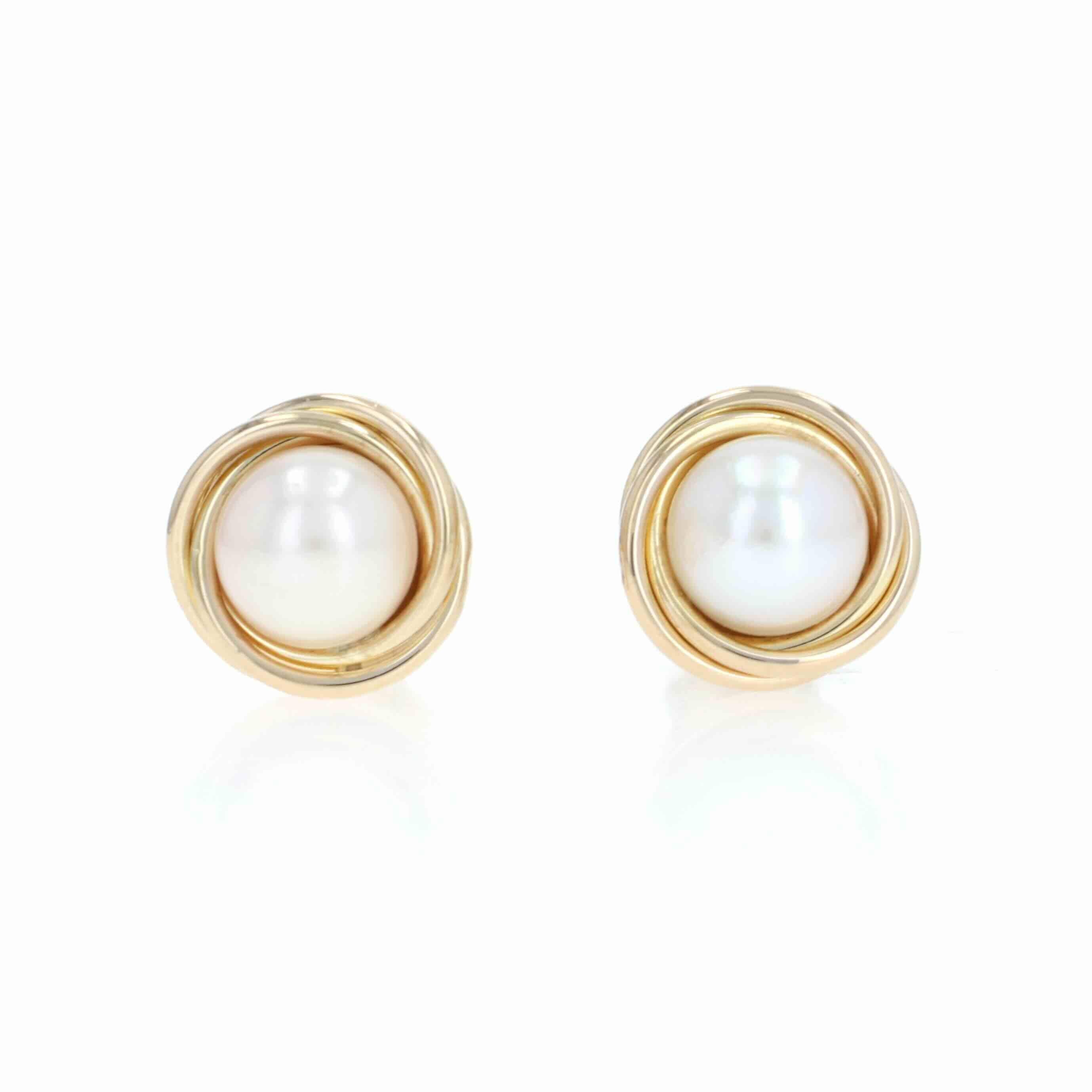 Yellow Gold Pearl Stud Earrings - 14k Intertwined Circles Pierced