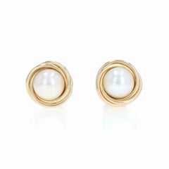 Yellow Gold Pearl Stud Earrings - 14k Intertwined Circles Pierced