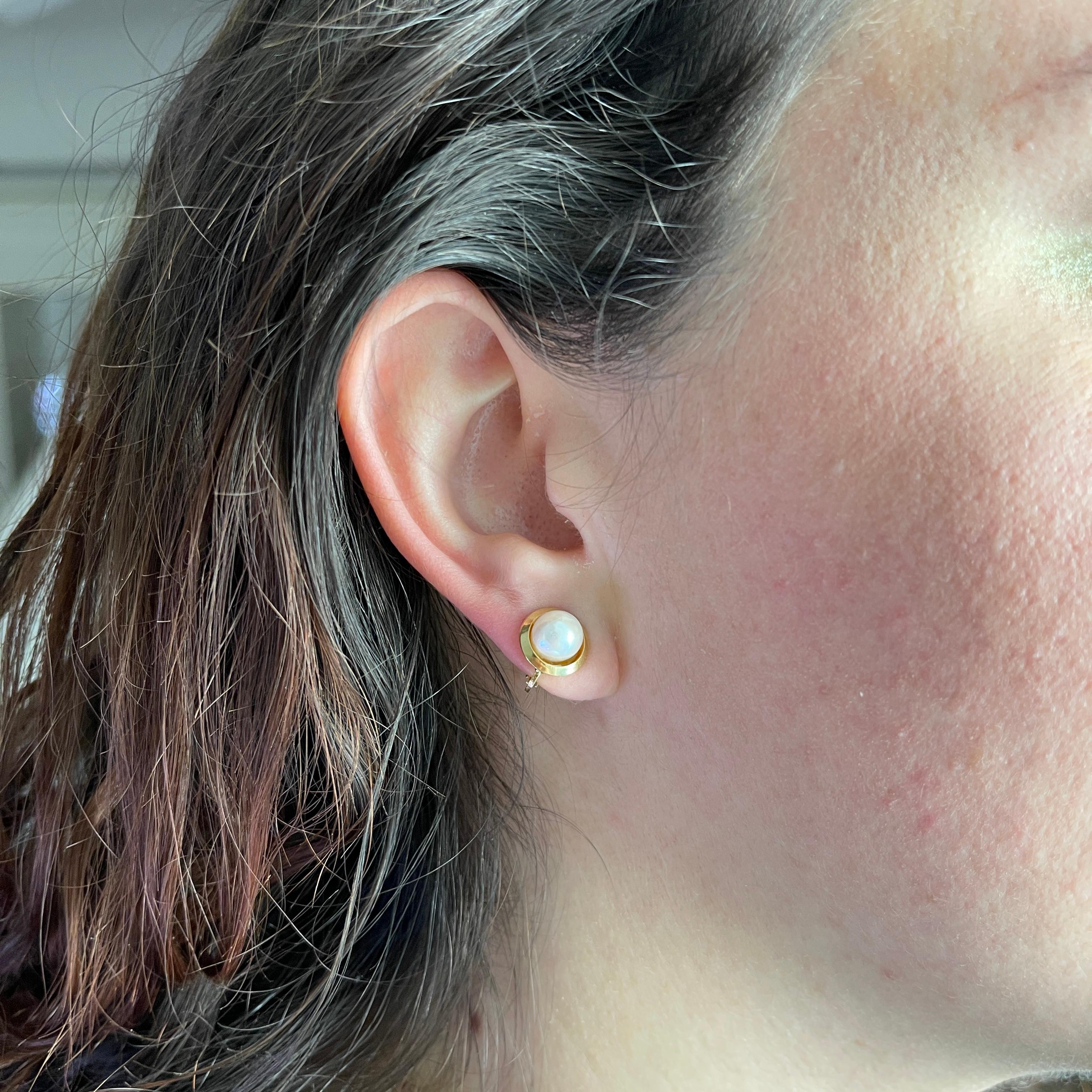 Women's or Men's Yellow Gold Pearl Stud Earrings For Sale