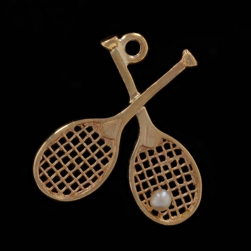 Women's Yellow Gold Pearl Tennis Rackets & Ball Charm - 14k Sports Recreation For Sale