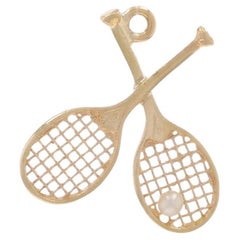 Yellow Gold Pearl Tennis Rackets & Ball Charm - 14k Sports Recreation