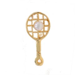 Yellow Gold Pearl Tennis Racquet Pin 14k Pickleball Brooch