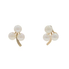 Yellow Gold Pearl Three-Leaf Clover Stud Earrings - 14k Shamrock Pierced