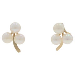 Yellow Gold Pearl Three-Leaf Clover Stud Earrings - 14k Shamrock Pierced