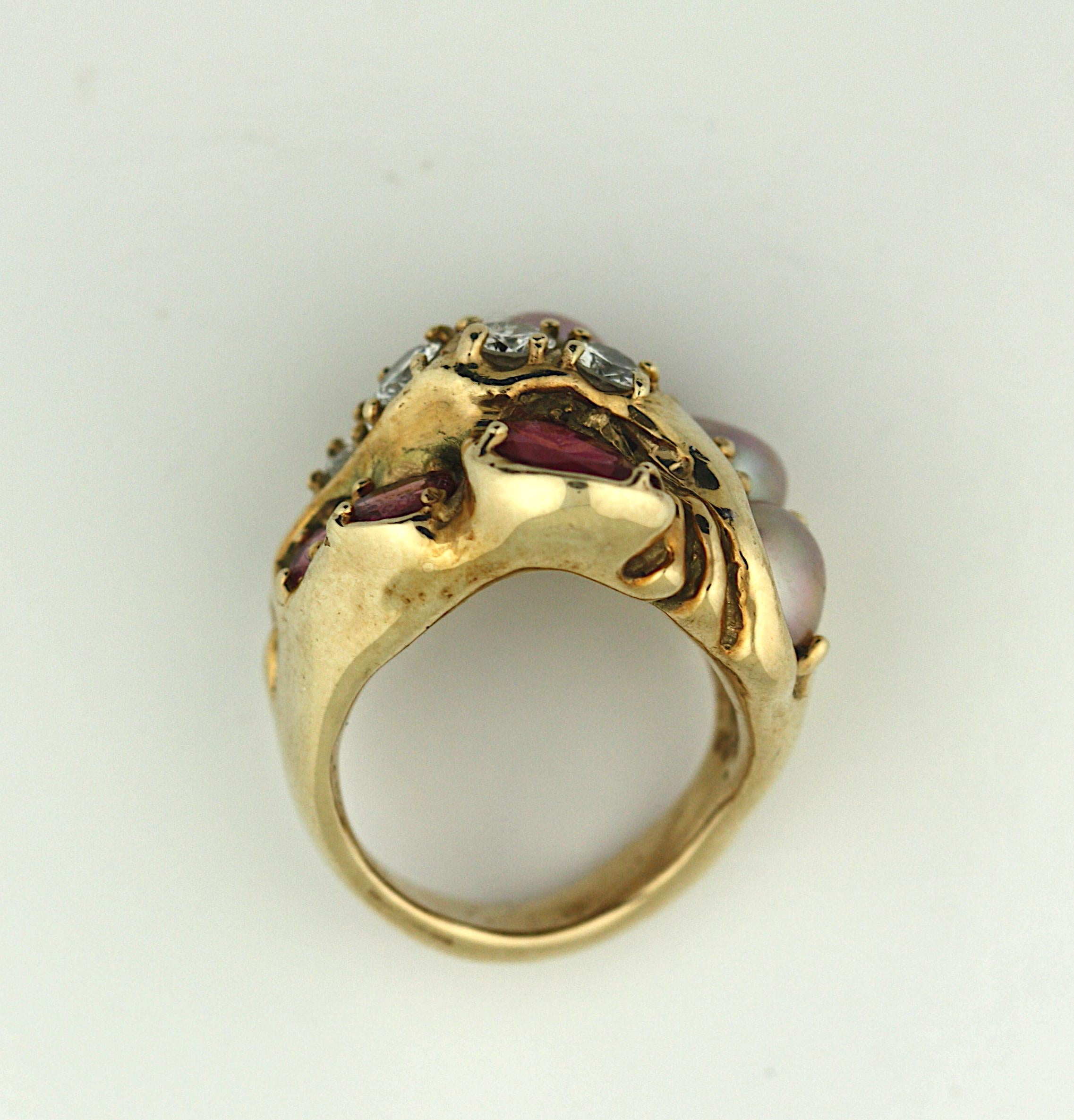 Yellow Gold, Pearl, Tourmaline and Diamond Ring For Sale 3