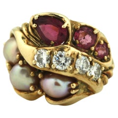 Yellow Gold, Pearl, Tourmaline and Diamond Ring