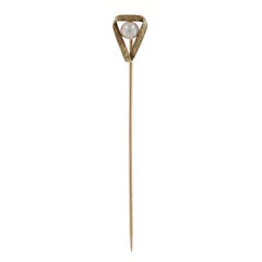 Yellow Gold Pearl Triangle Solitaire Stickpin 14k Milgrain Antique, 1900s-1910s