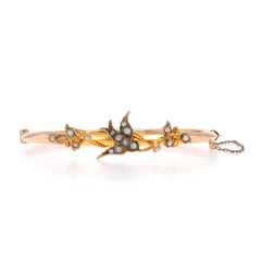 Yellow Gold Pearl Victorian Flying Sparrow Bangle Bracelet 6 1/2" 9k AntiqueBird