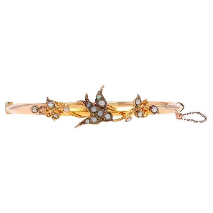 Yellow Gold Pearl Victorian Flying Sparrow Bangle Bracelet 6 1/2" 9k AntiqueBird