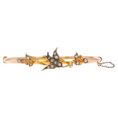 Antique Yellow Gold Pearl Victorian Flying Sparrow Bangle Bracelet 6 1/2" 9k AntiqueBird