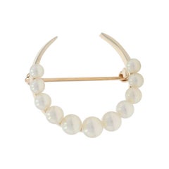 Yellow Gold Pearl Vintage Crecent Moon Brooch - 14k Bead Celestial Pin