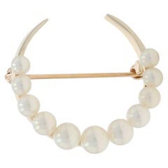 Yellow Gold Pearl Vintage Crecent Moon Brooch - 14k Bead Celestial Pin