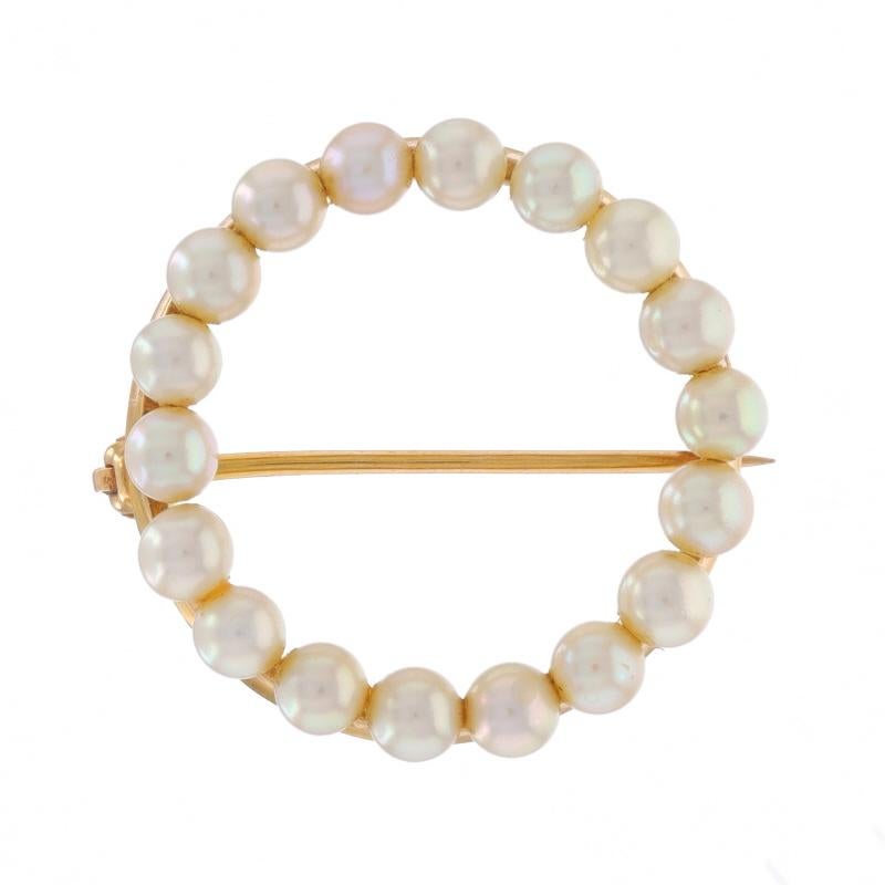 Metal Content: 14k Yellow Gold

Stone Information

Cultured Pearls

Fastening Type: Hinged Pin and C-Clasp
Theme: Circle, Round

Measurements

Tall: 3/4