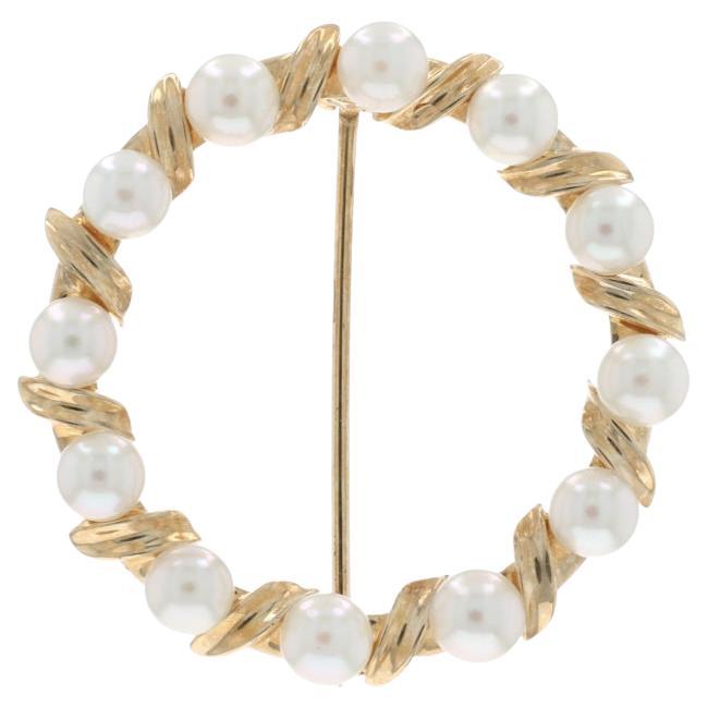 Yellow Gold Pearls Circle Wreath Brooch 14k Pin