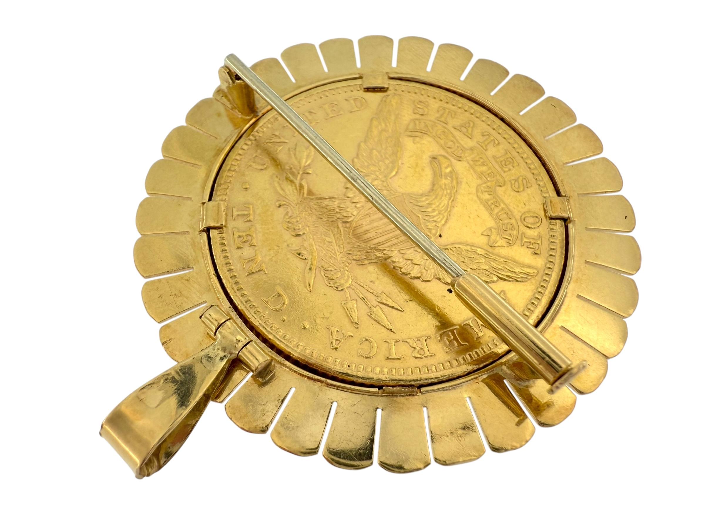 Yellow Gold Pendant and Brooche with Ten Dollars Coin For Sale 5