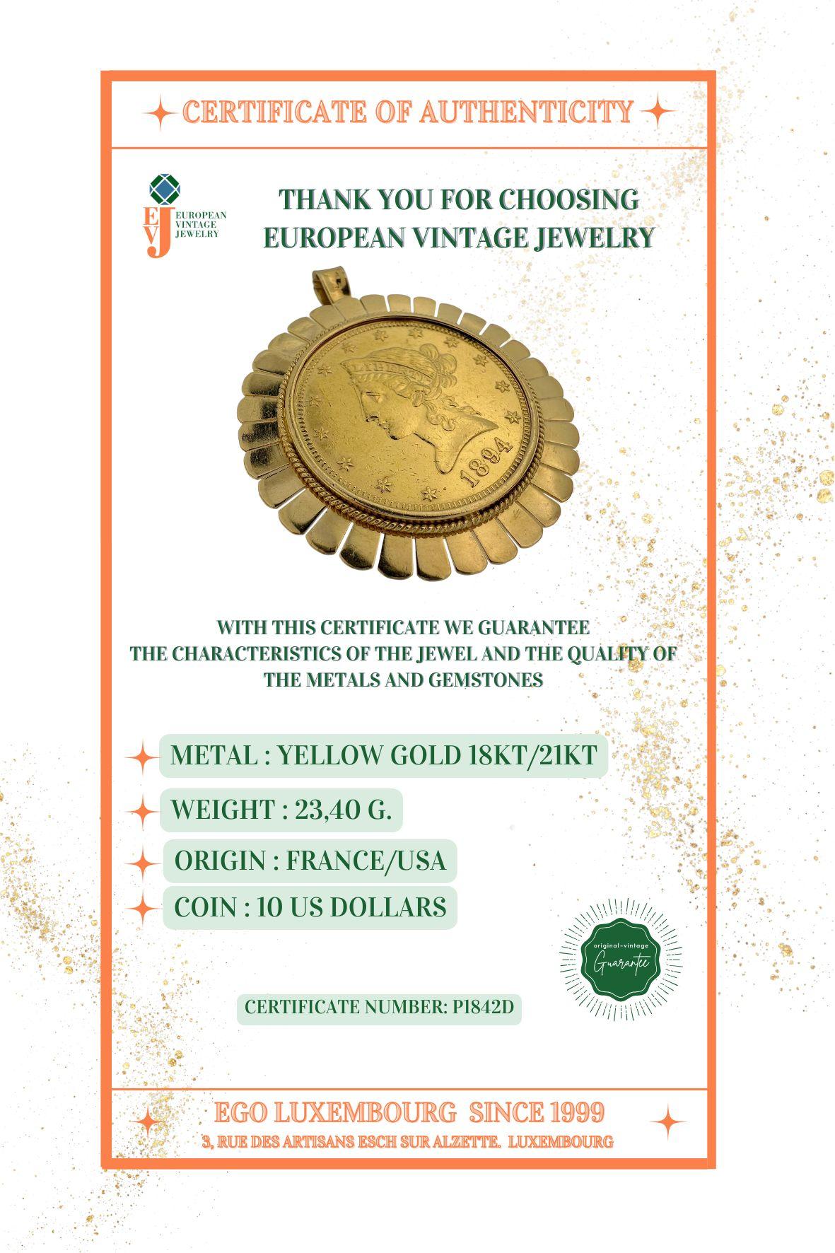 Yellow Gold Pendant and Brooche with Ten Dollars Coin For Sale 8