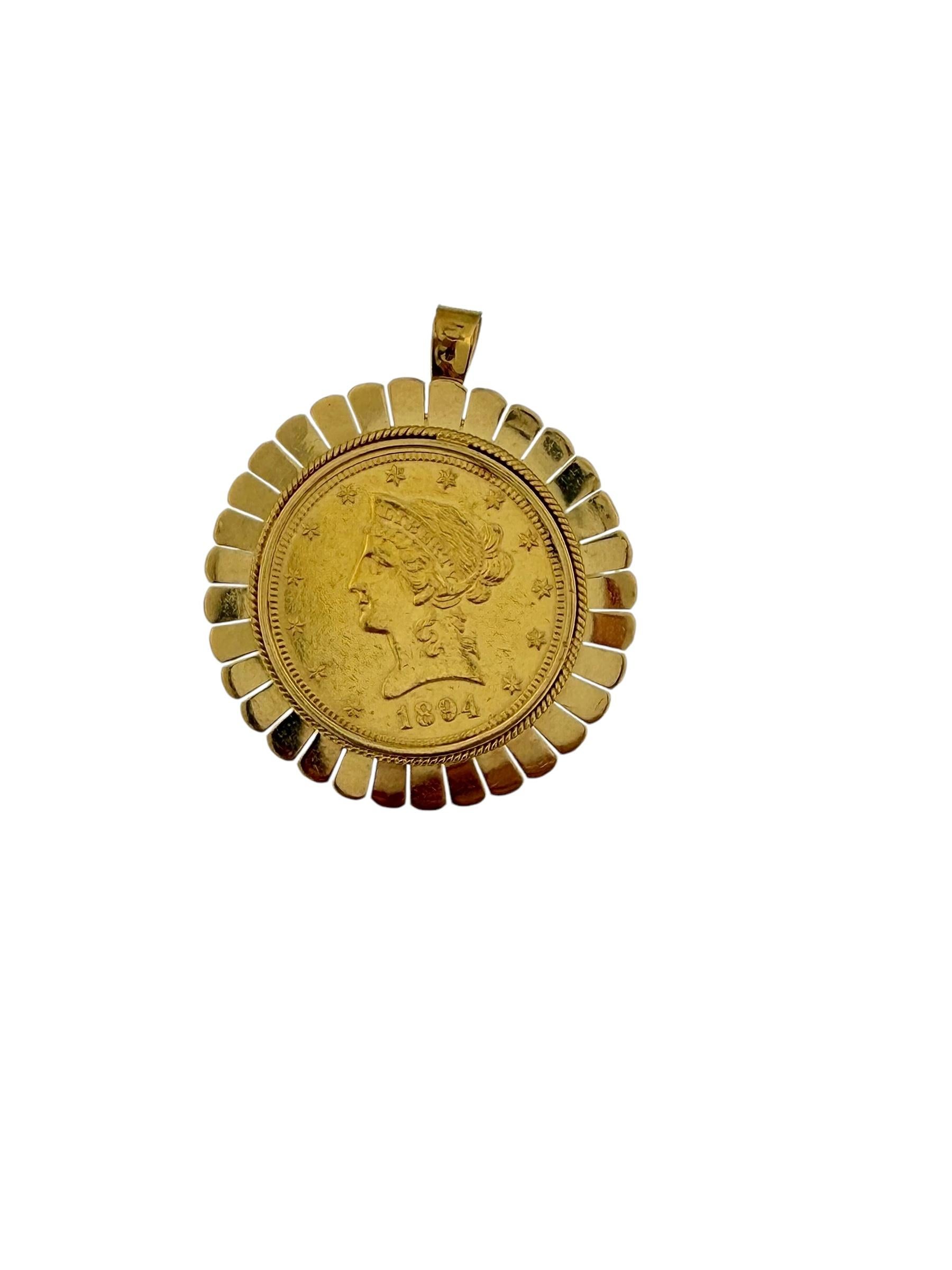 Women's or Men's Yellow Gold Pendant and Brooche with Ten Dollars Coin For Sale