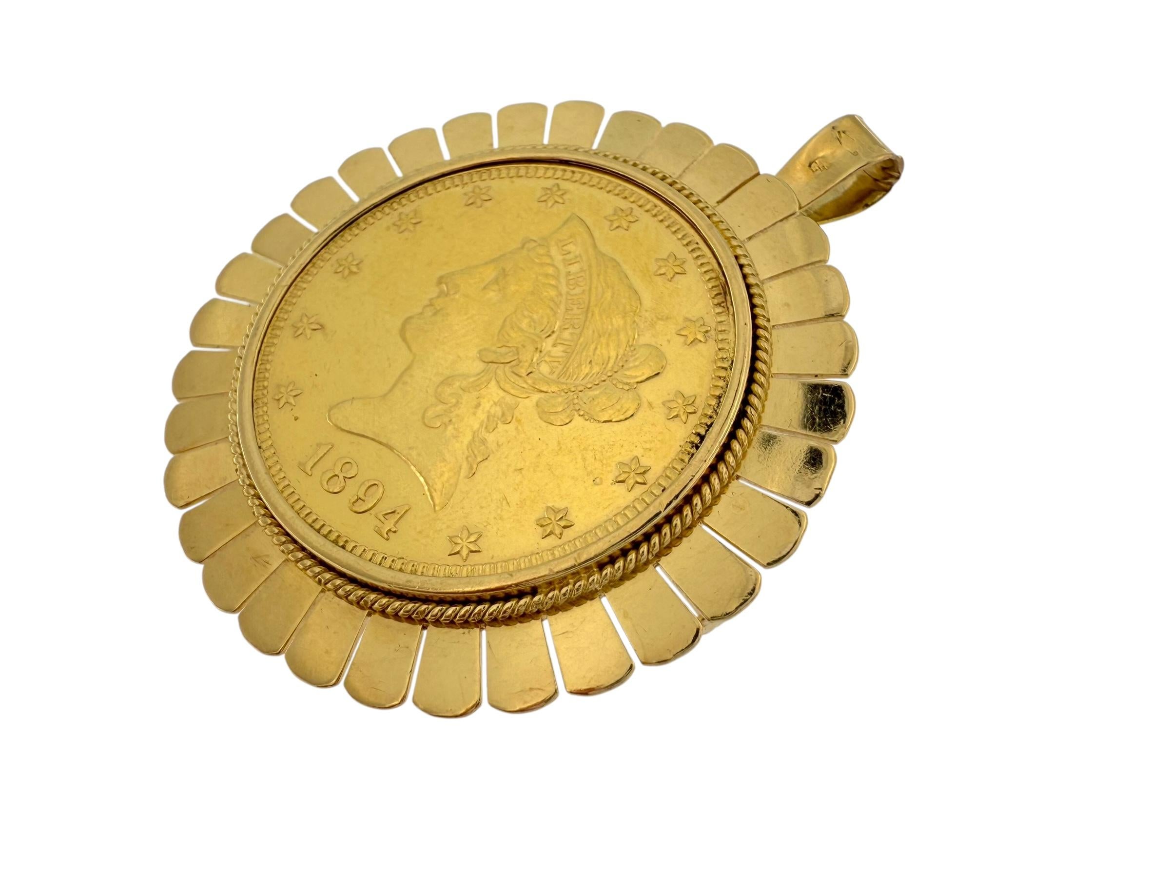 Yellow Gold Pendant and Brooche with Ten Dollars Coin For Sale 2