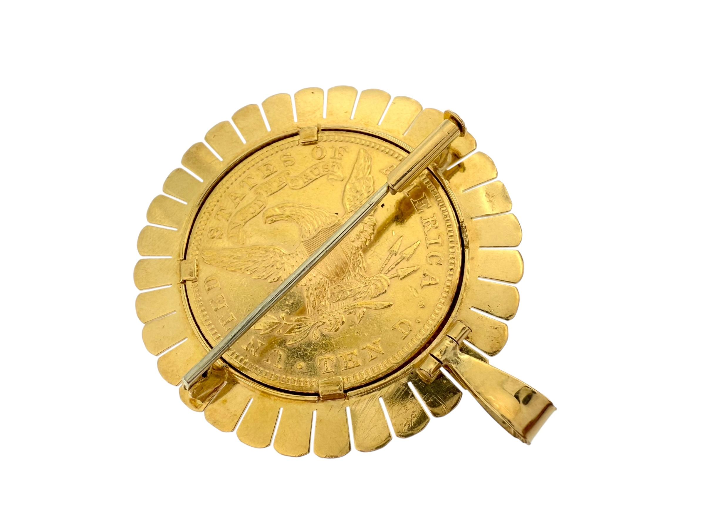 Yellow Gold Pendant and Brooche with Ten Dollars Coin For Sale 3