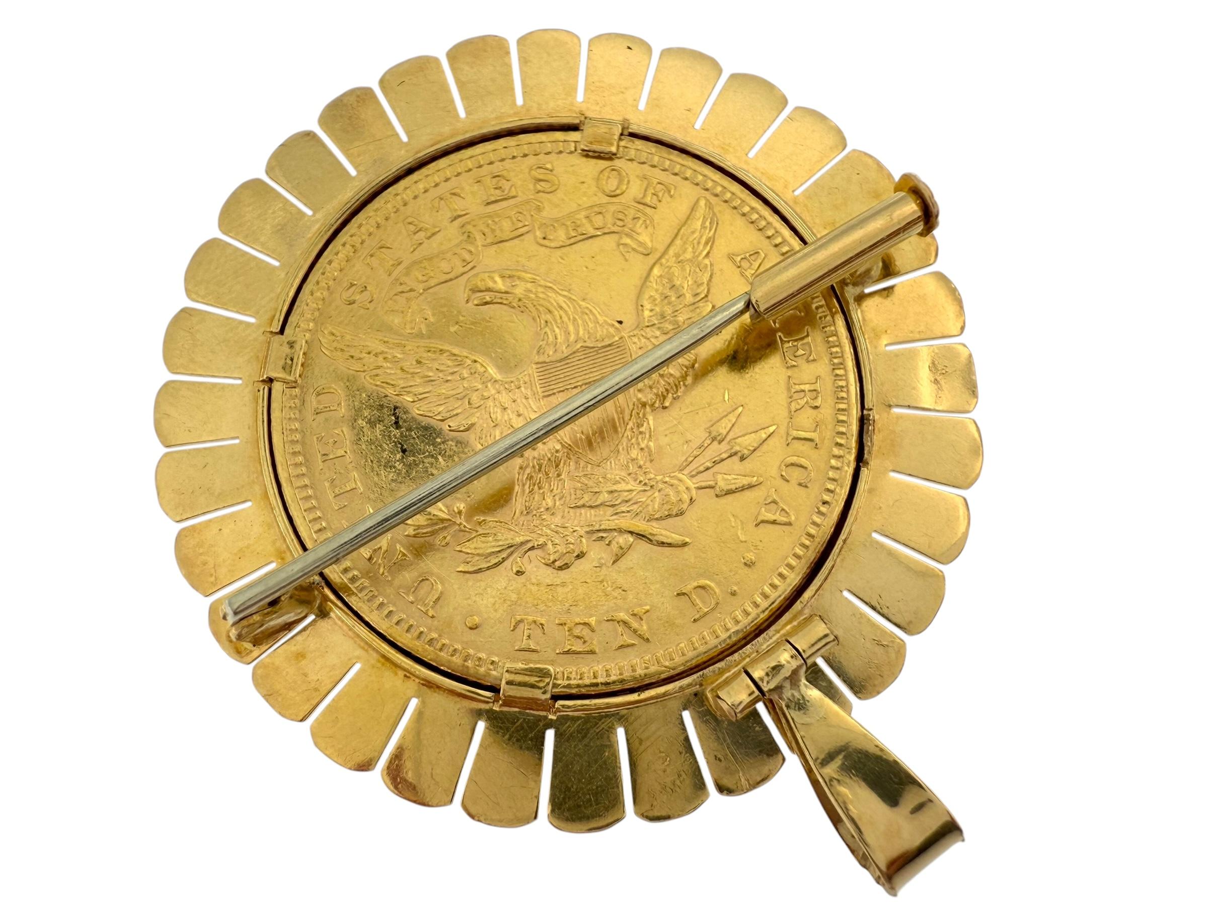 Yellow Gold Pendant and Brooche with Ten Dollars Coin For Sale 4