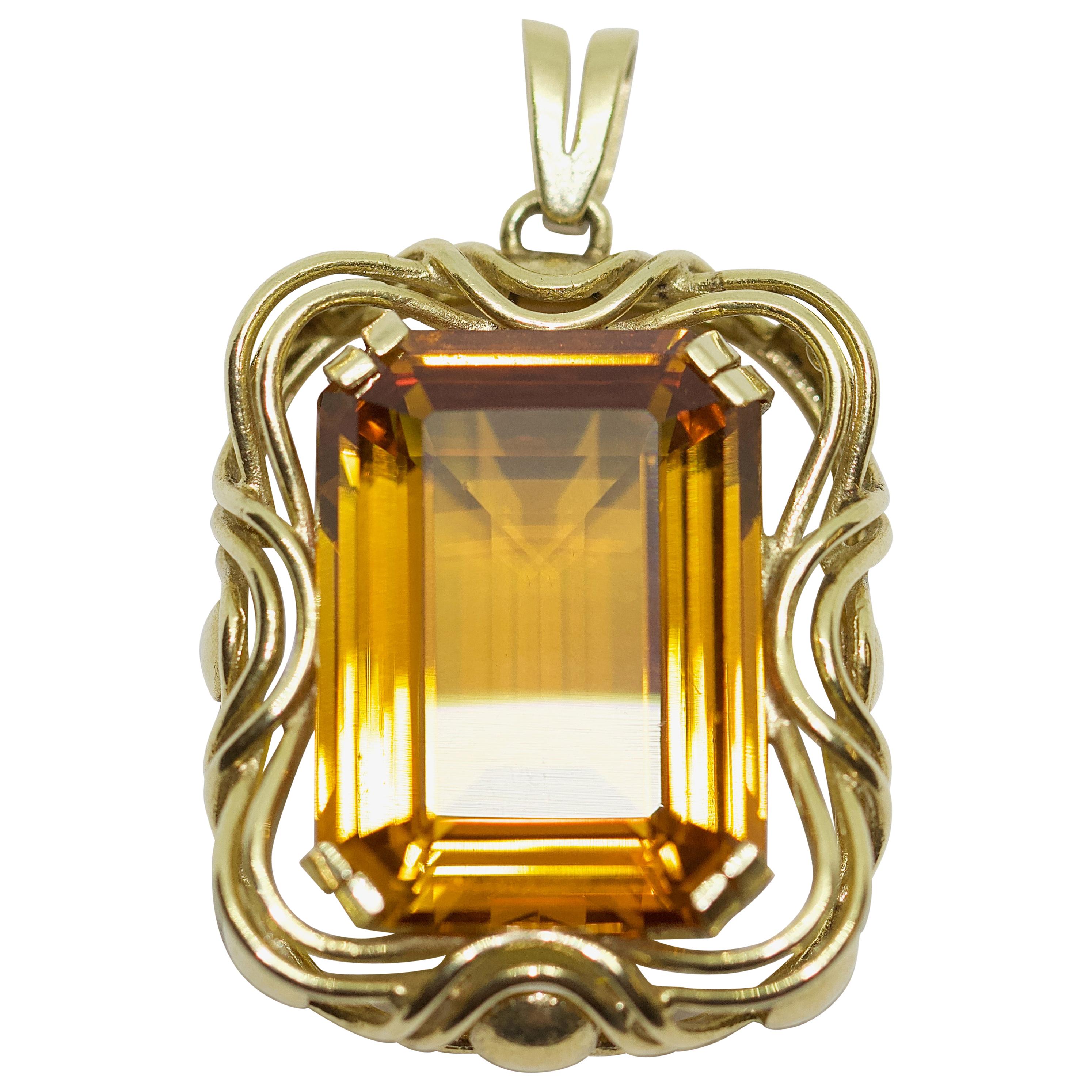 Yellow Gold Pendant, Enhancer, with Large Emerald Cut Citrine For Sale