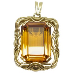 Vintage Yellow Gold Pendant, Enhancer, with Large Emerald Cut Citrine