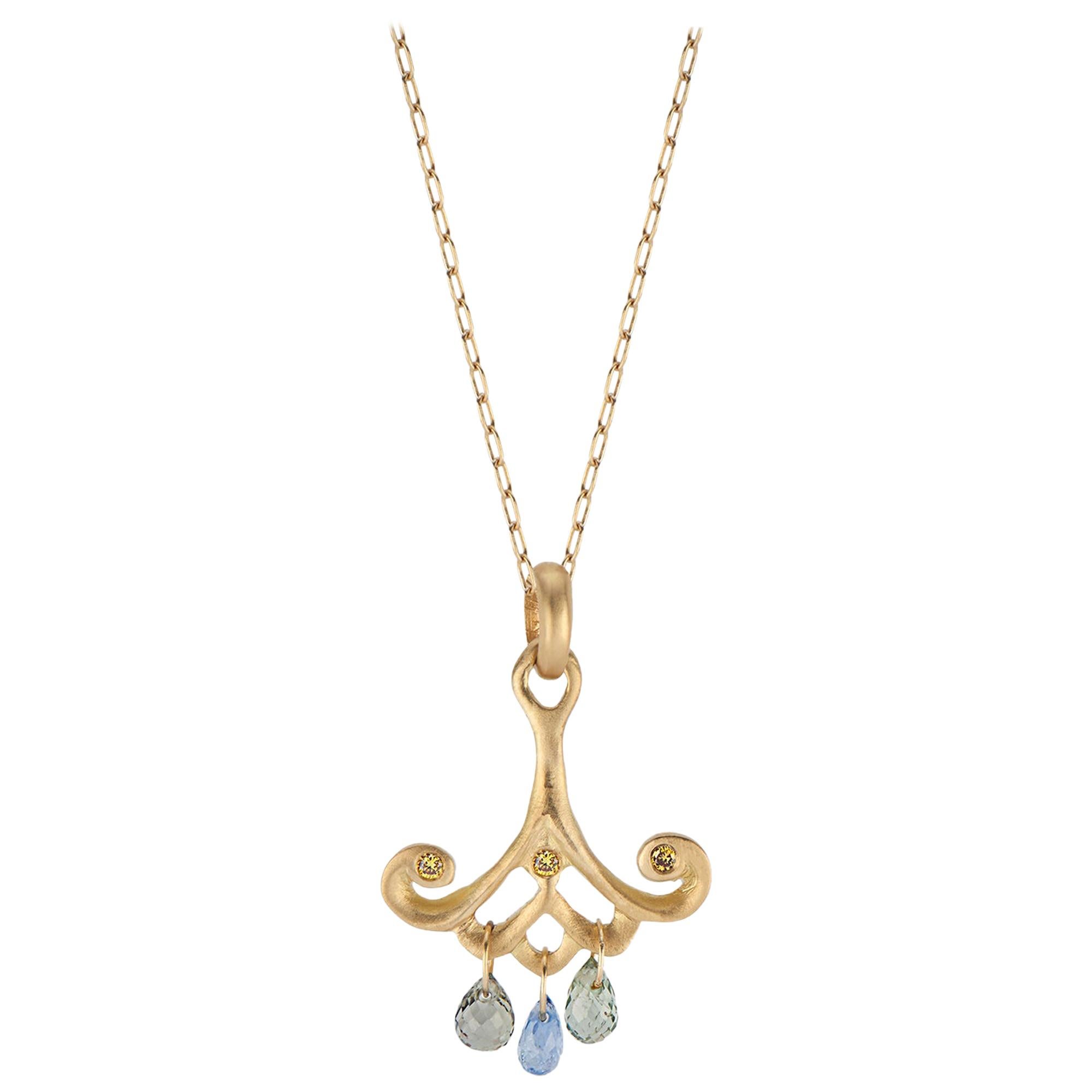 Yellow Gold Pendant Necklace with Blue Sapphire Teardrops and Canary Diamonds For Sale
