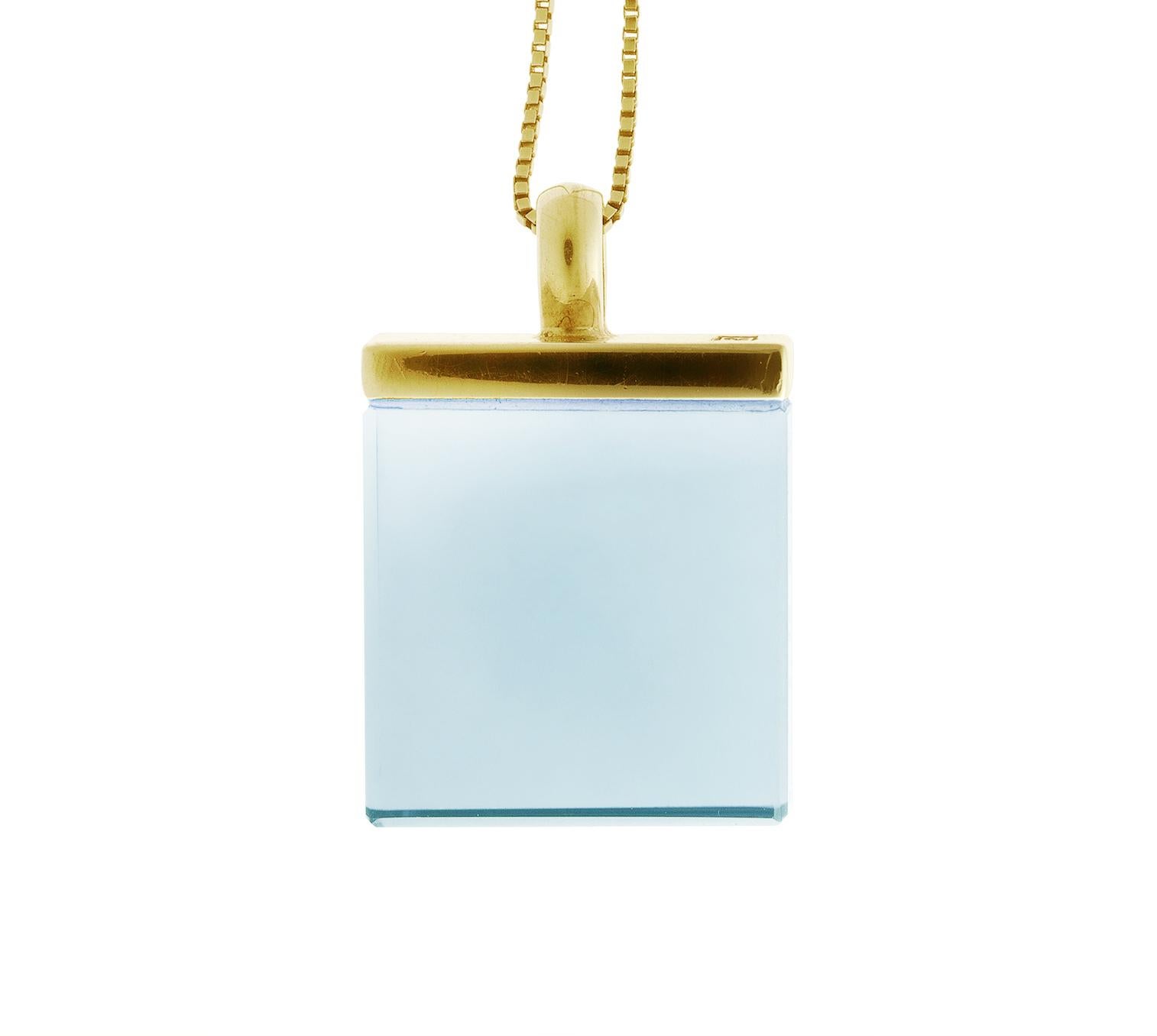 Art Deco Featured in Vogue Yellow Gold Pendant Necklace with Blue Quartz by Artist For Sale