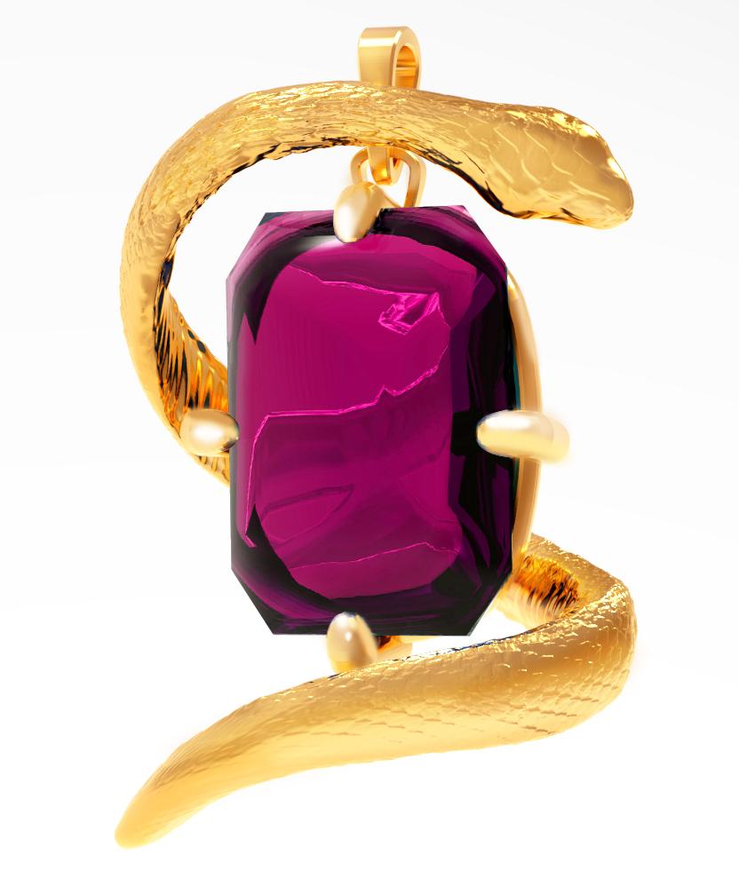 This contemporary pendant necklace is in 18 karat yellow gold with natural raspberry pink tourmaline, 4.28 carats, 105x82mm. It belongs to Mesopotamian collection. This ring will be custom made in any size.  This piece can be personally signed for