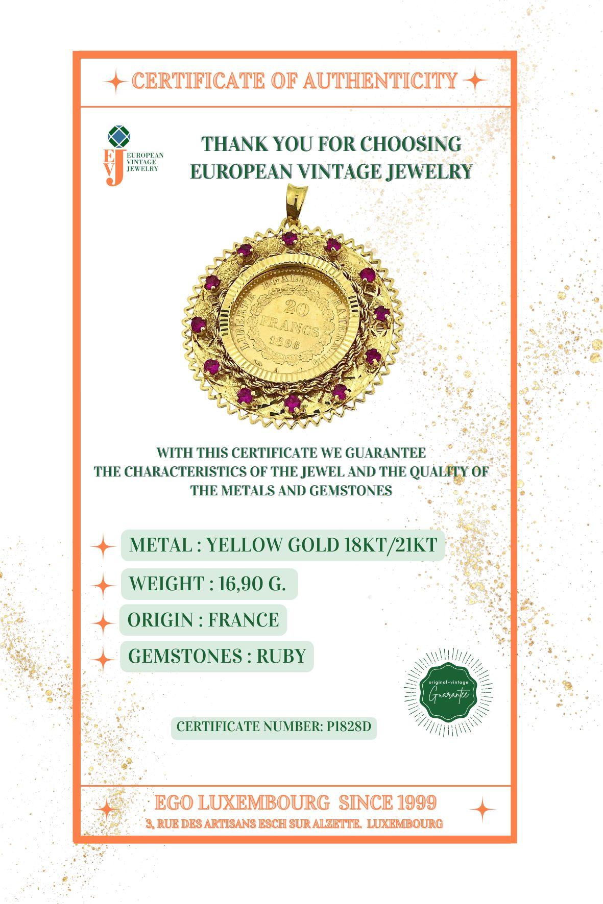 Yellow Gold Pendant with 20 French Francs Coin 1898 and Rubies For Sale 4