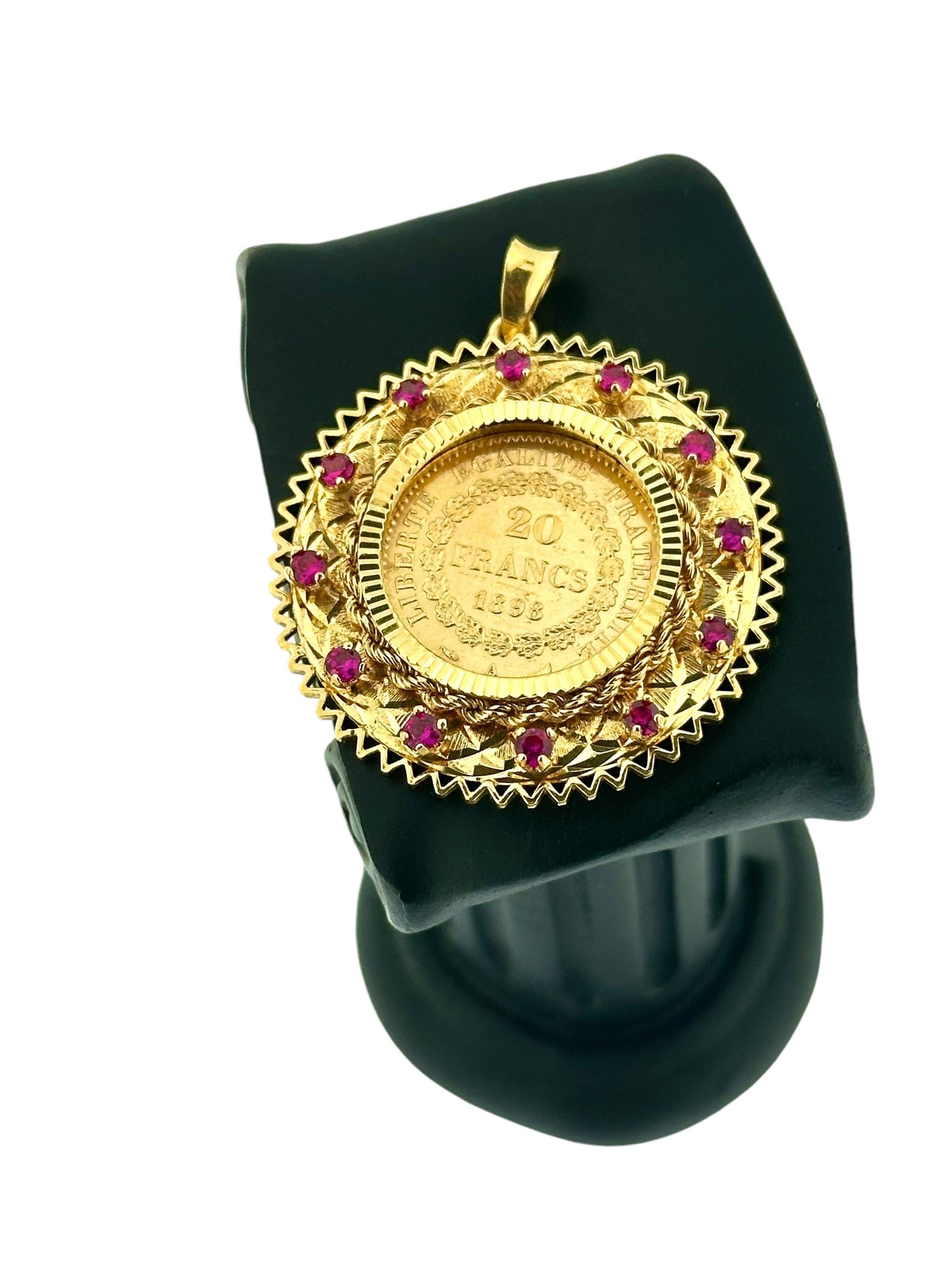 This Yellow Gold Pendant is a magnificent piece, featuring a genuine 1898 French 20 Francs coin framed in luxurious craftsmanship. The pendant is made from warm yellow gold, enhancing the historic allure of the coin and adding a sense of
