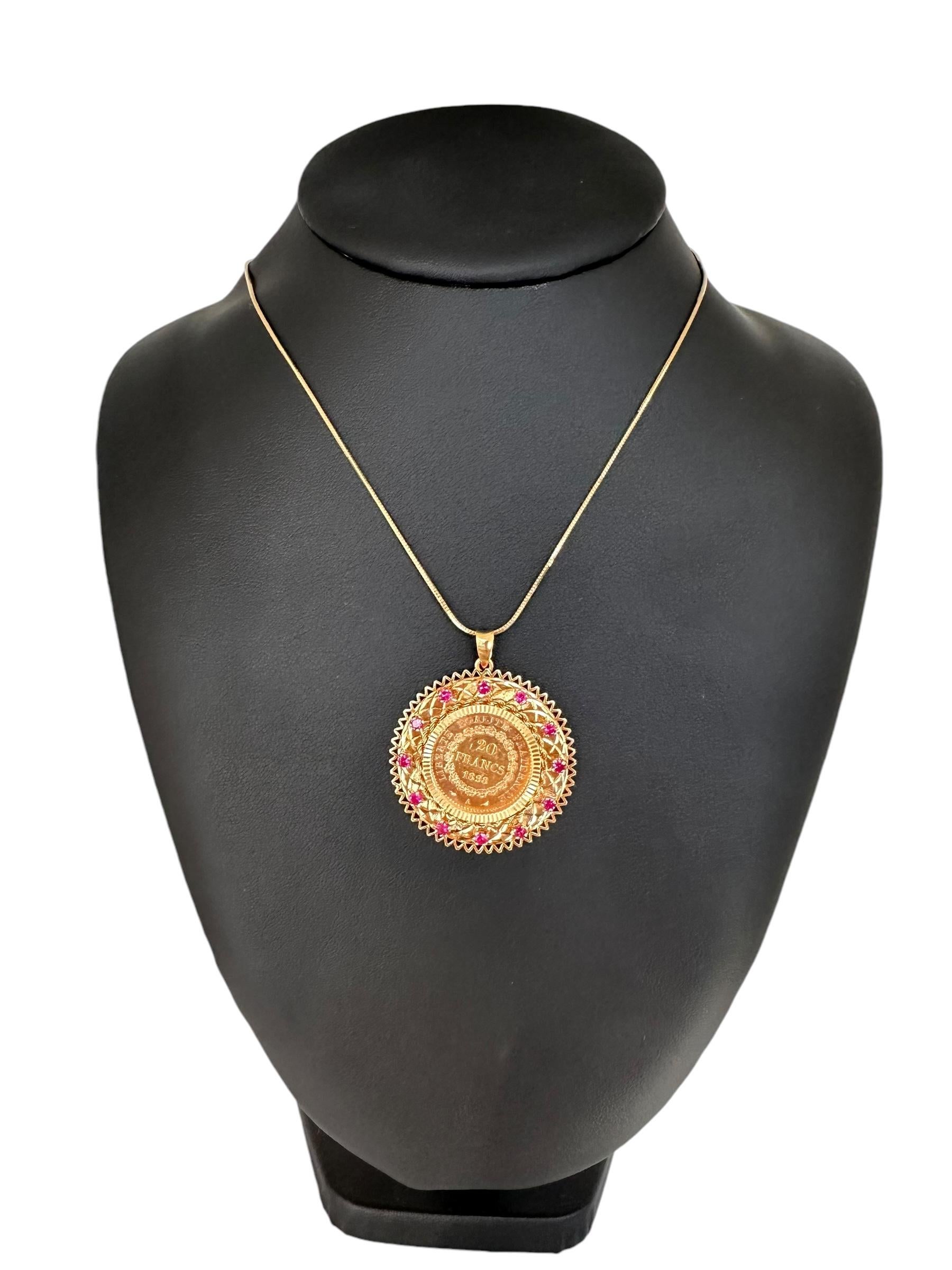 Artisan Yellow Gold Pendant with 20 French Francs Coin 1898 and Rubies For Sale