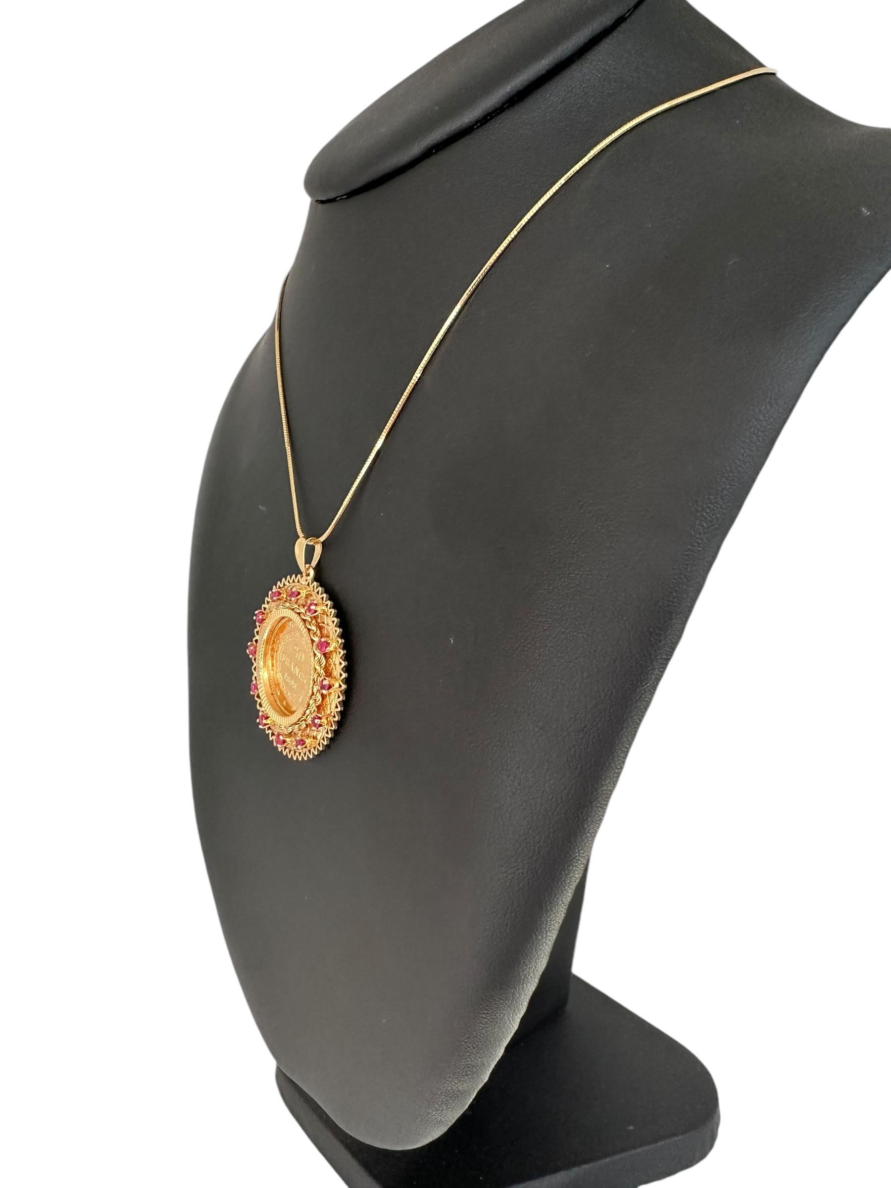 Brilliant Cut Yellow Gold Pendant with 20 French Francs Coin 1898 and Rubies For Sale