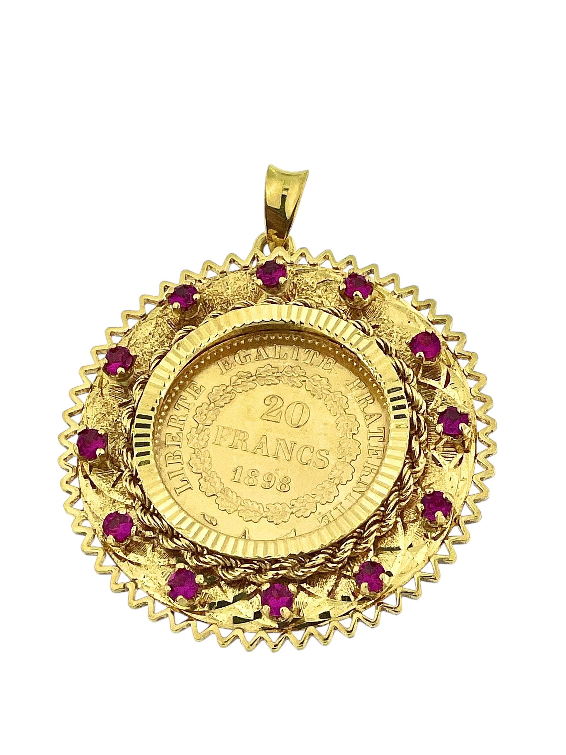 Yellow Gold Pendant with 20 French Francs Coin 1898 and Rubies In Good Condition For Sale In Esch sur Alzette, Esch-sur-Alzette