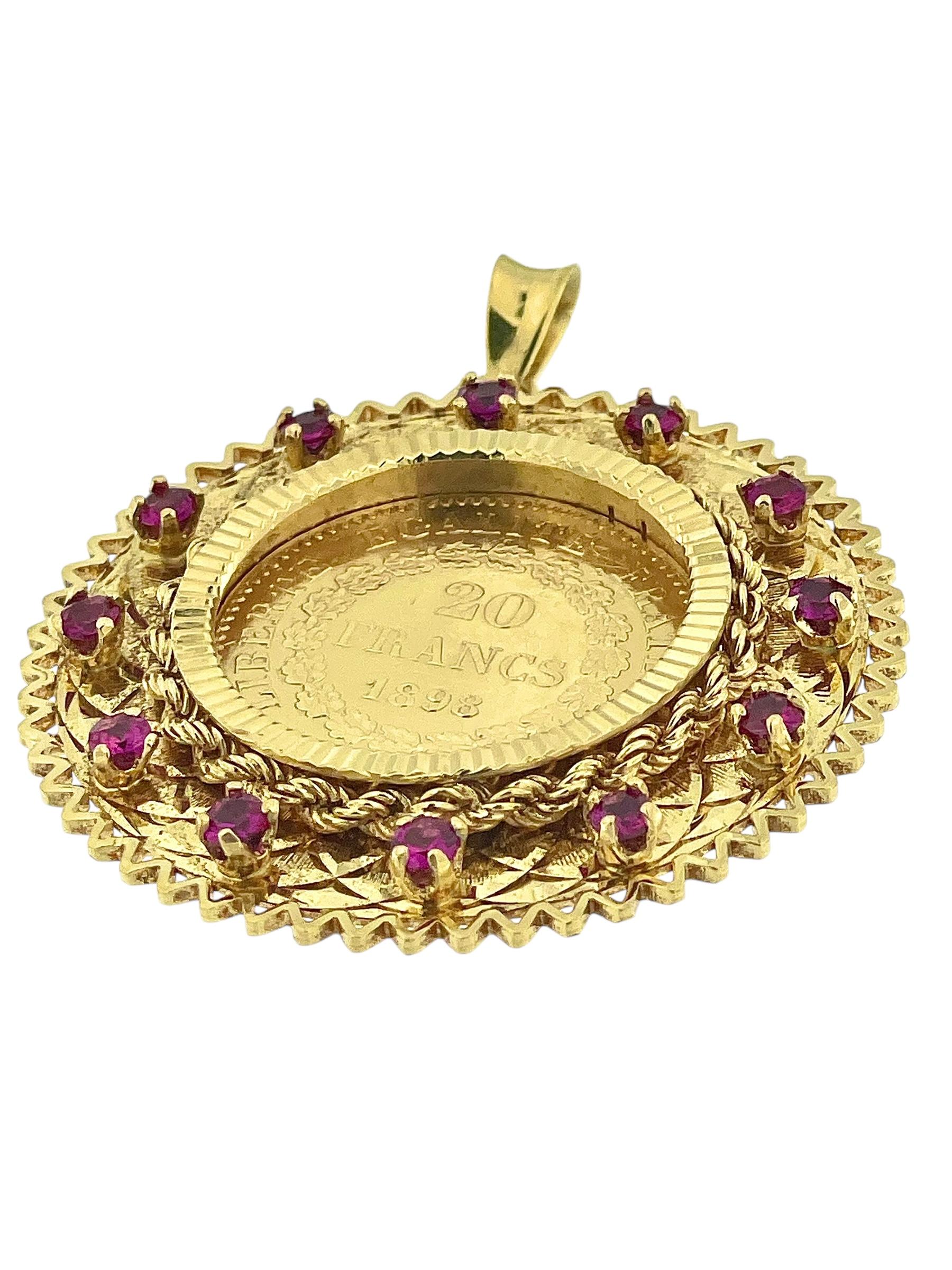 Women's or Men's Yellow Gold Pendant with 20 French Francs Coin 1898 and Rubies For Sale