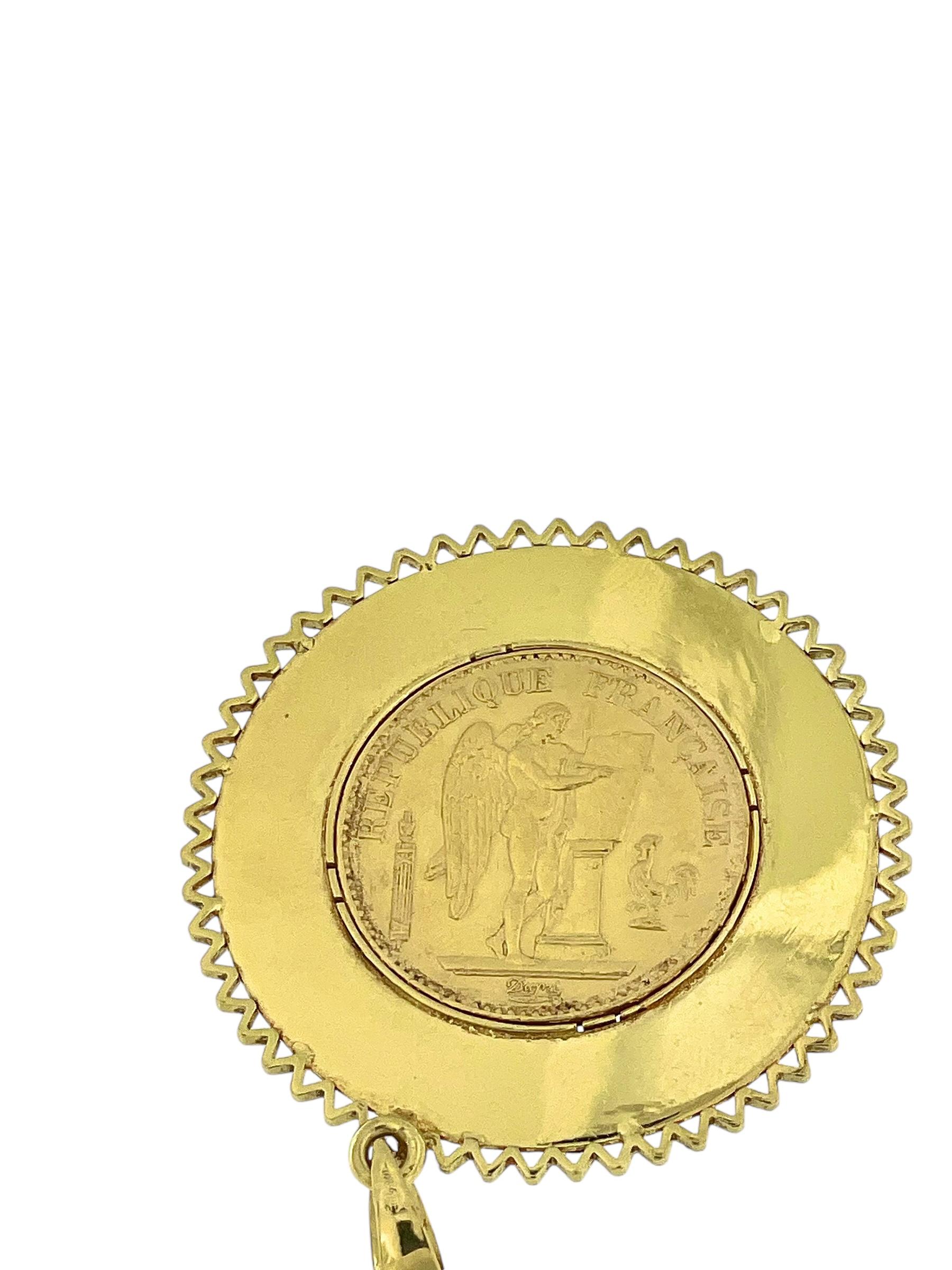 Yellow Gold Pendant with 20 French Francs Coin 1898 and Rubies For Sale 1