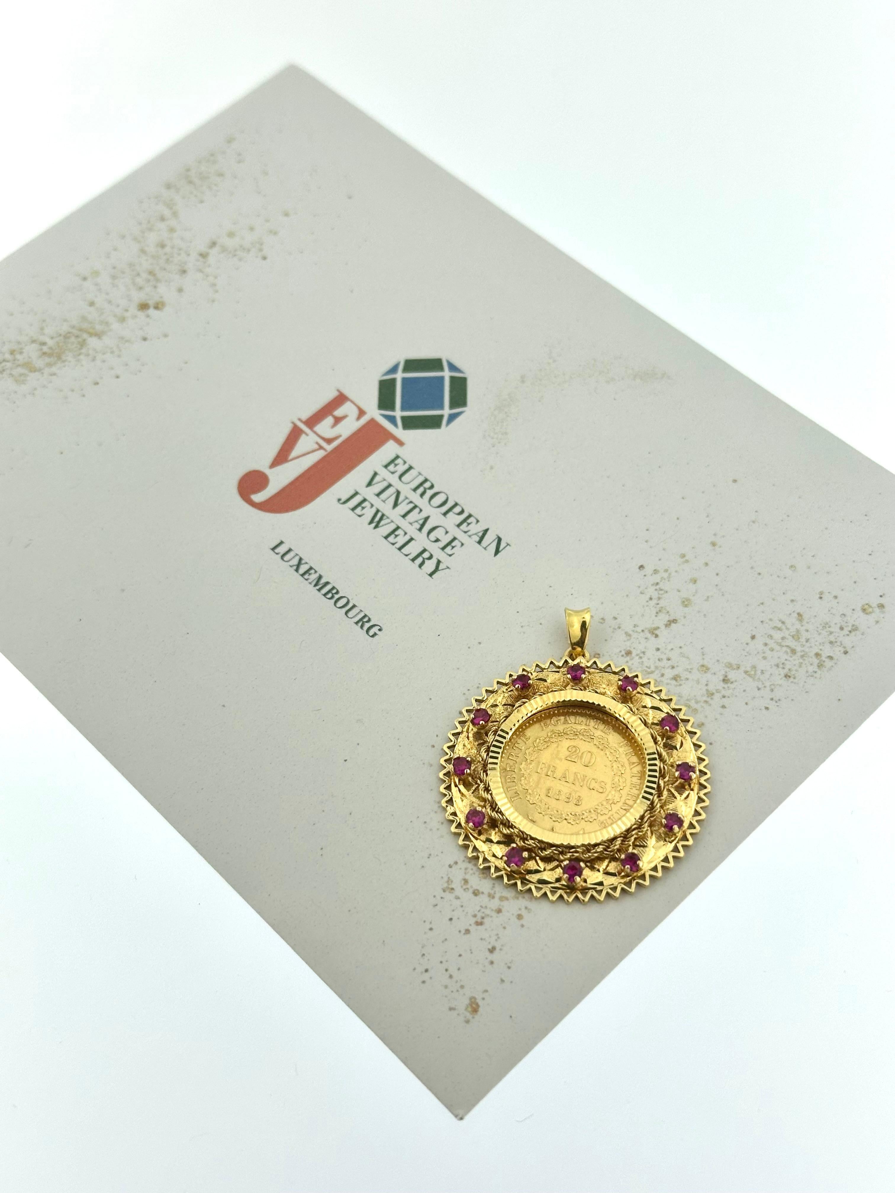 Yellow Gold Pendant with 20 French Francs Coin 1898 and Rubies For Sale 2