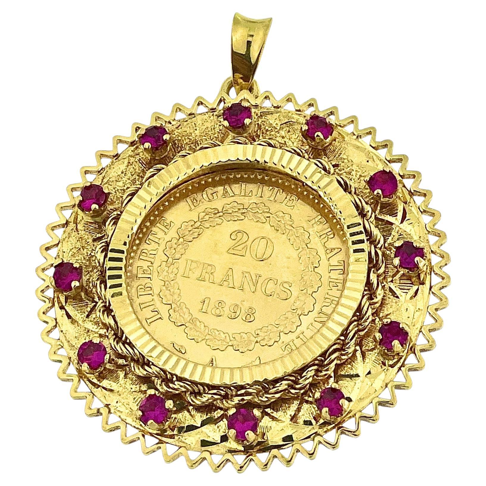 Yellow Gold Pendant with 20 French Francs Coin 1898 and Rubies