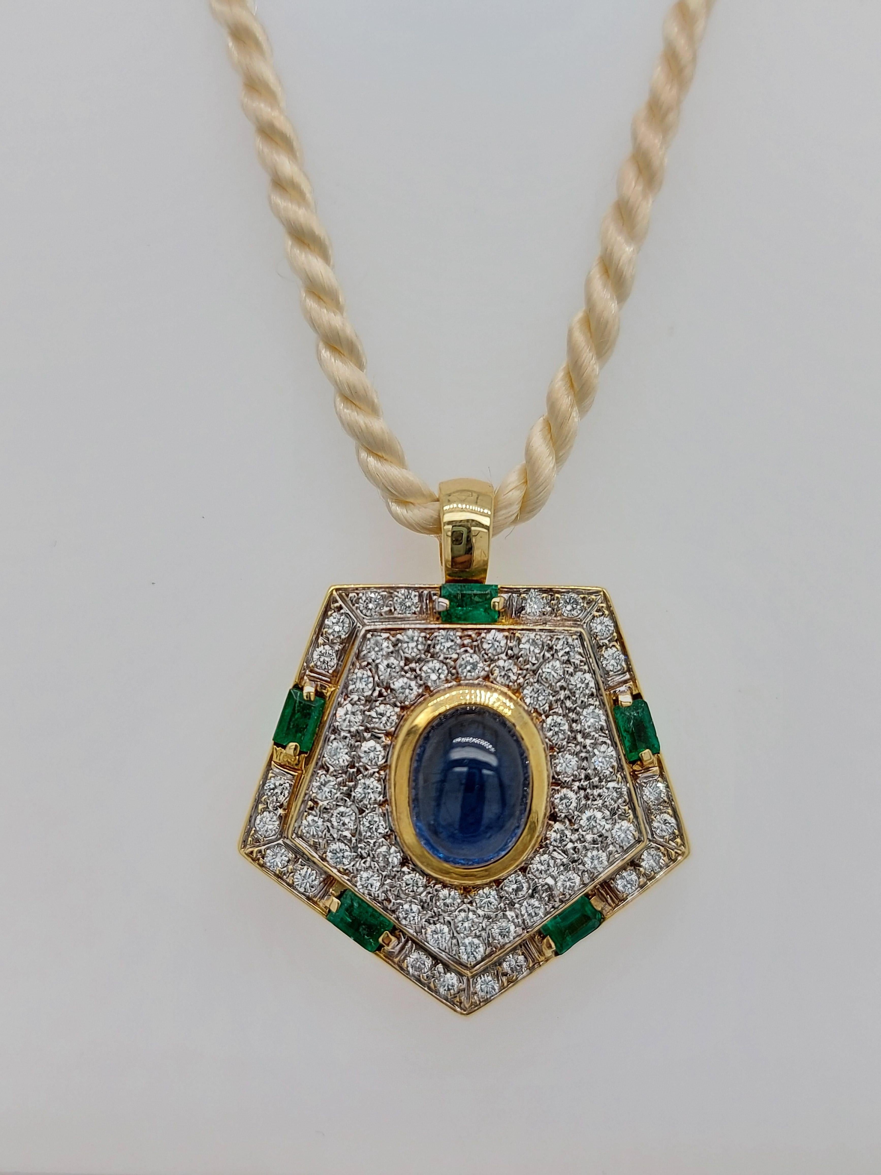 Yellow Gold Pendant with Diamonds, Emerald, Cabochon Sapphire 4