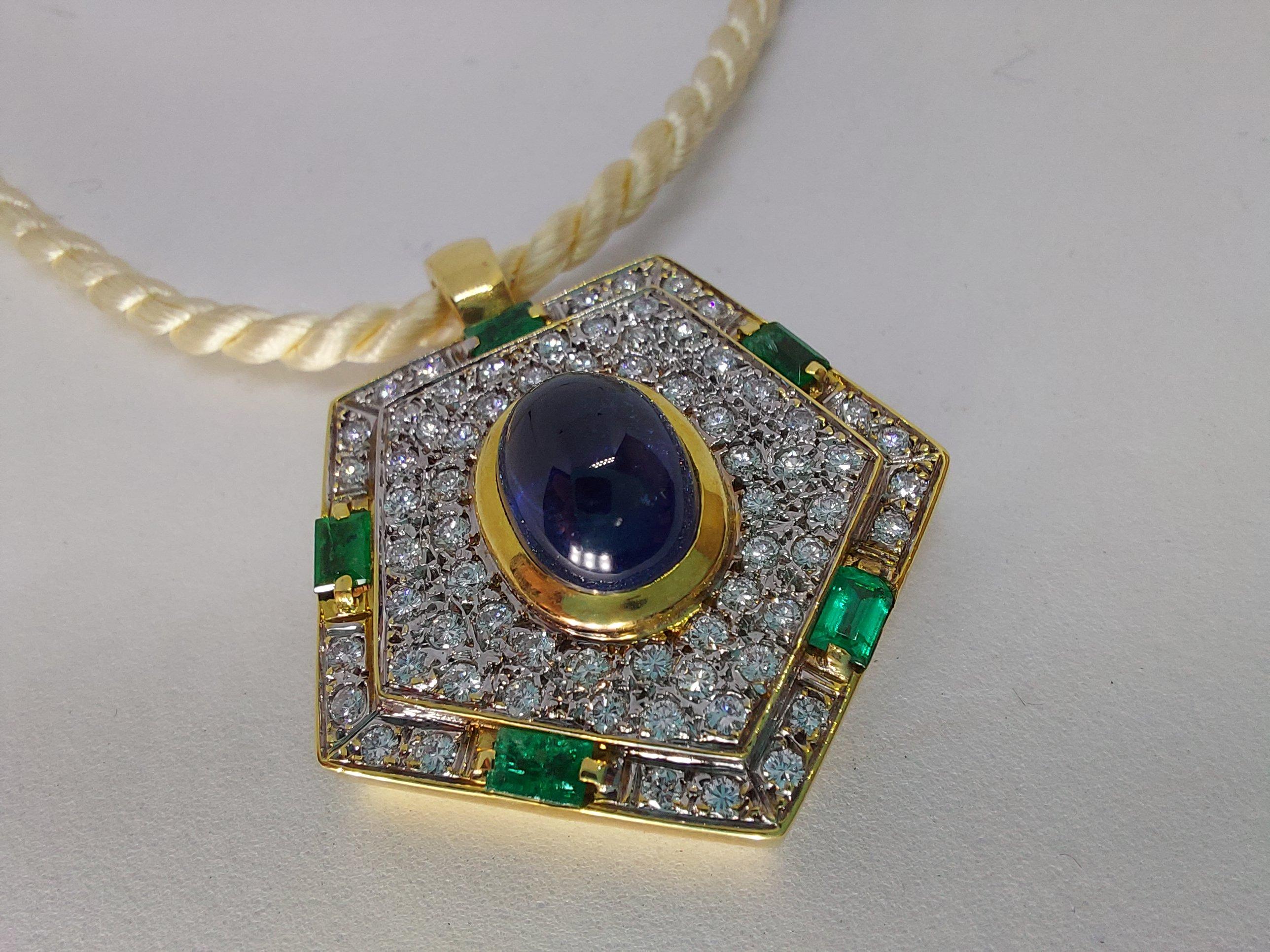 Yellow Gold Pendant with Diamonds, Emerald, Cabochon Sapphire 5