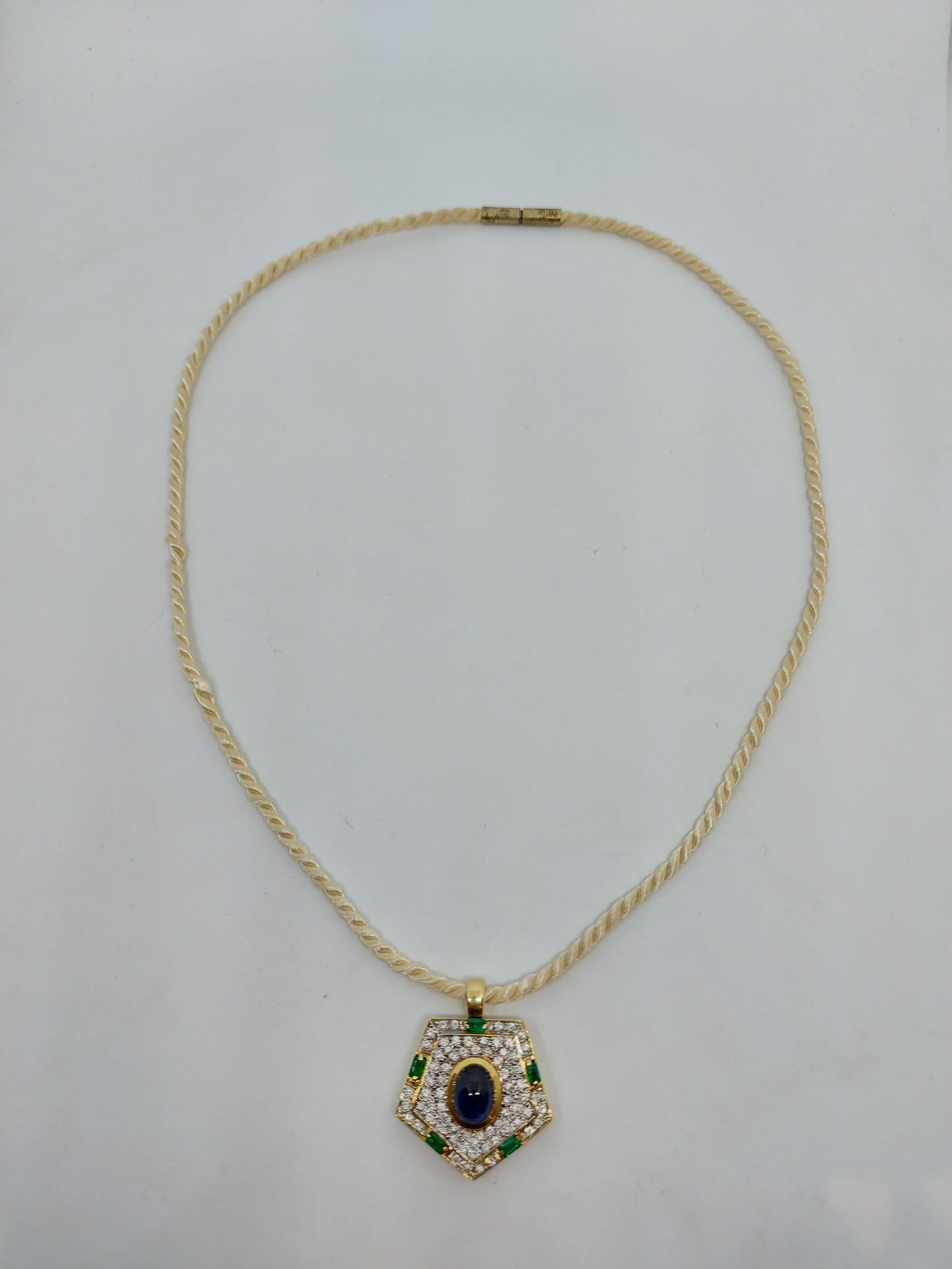 Yellow Gold Pendant with Diamonds, Emerald, Cabochon Sapphire 6