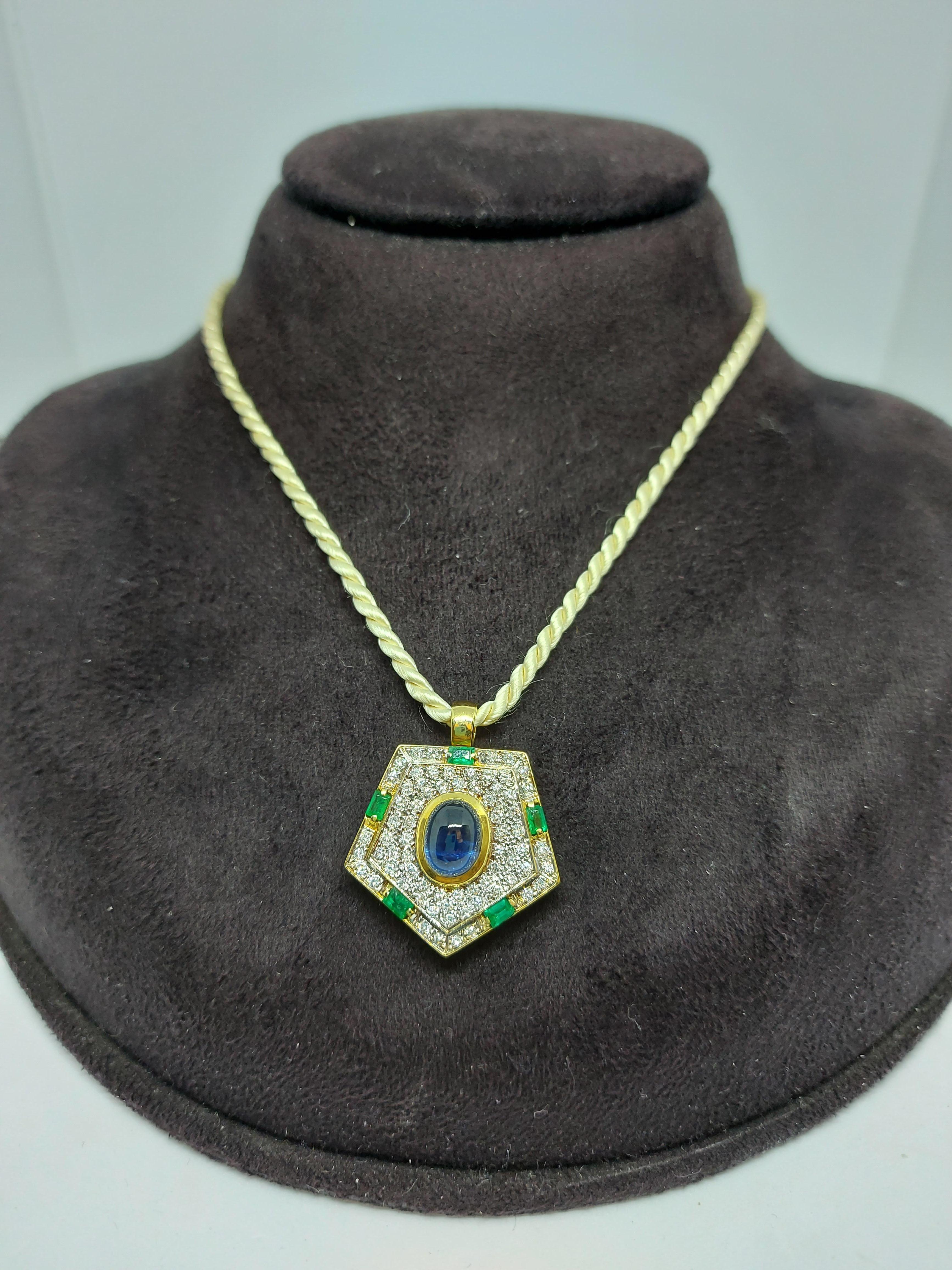 Yellow Gold Pendant with Diamonds, Emerald, Cabochon Sapphire 7