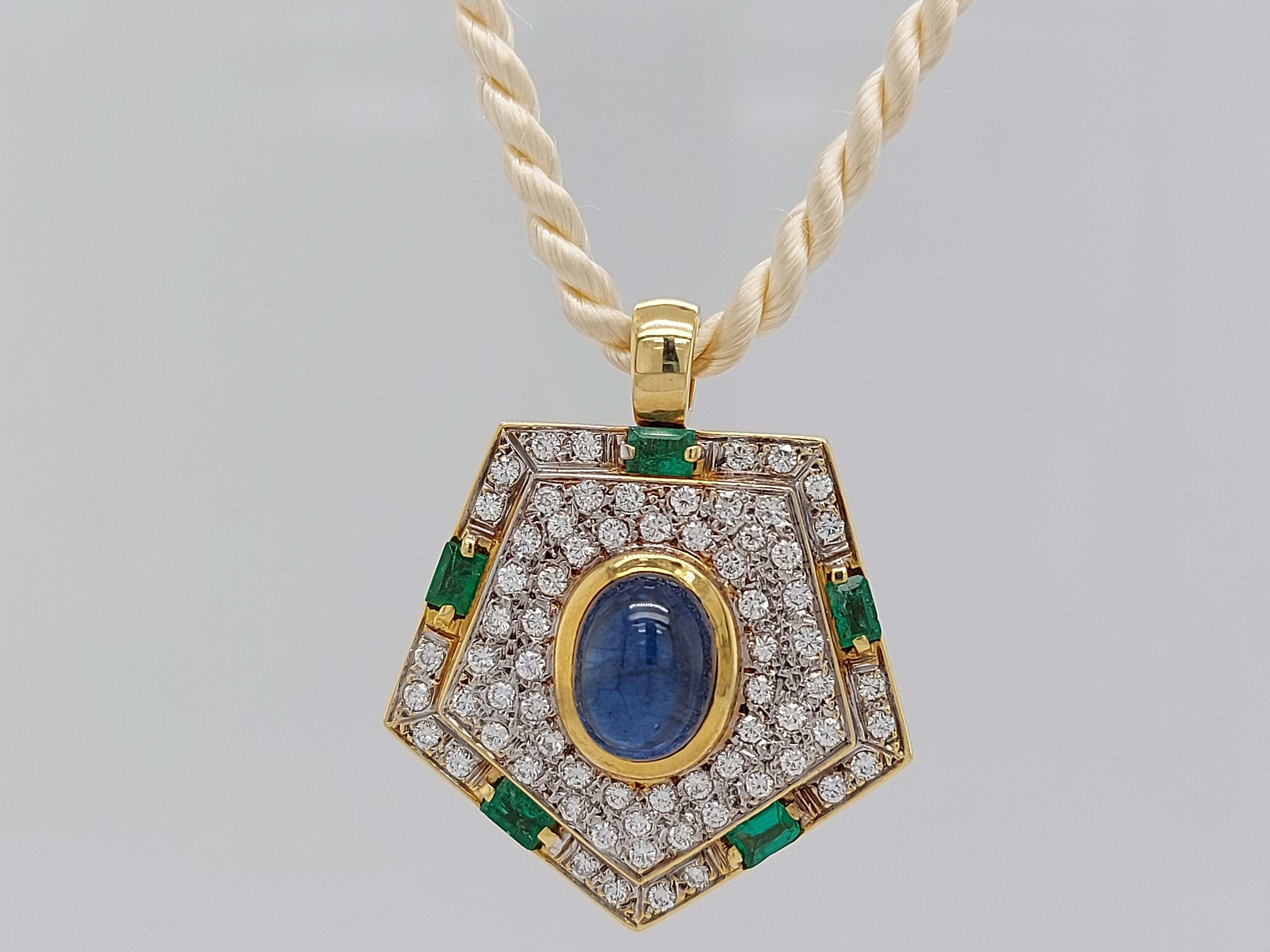 Yellow Gold Pendant with Diamonds, Emerald, Cabochon Sapphire 8