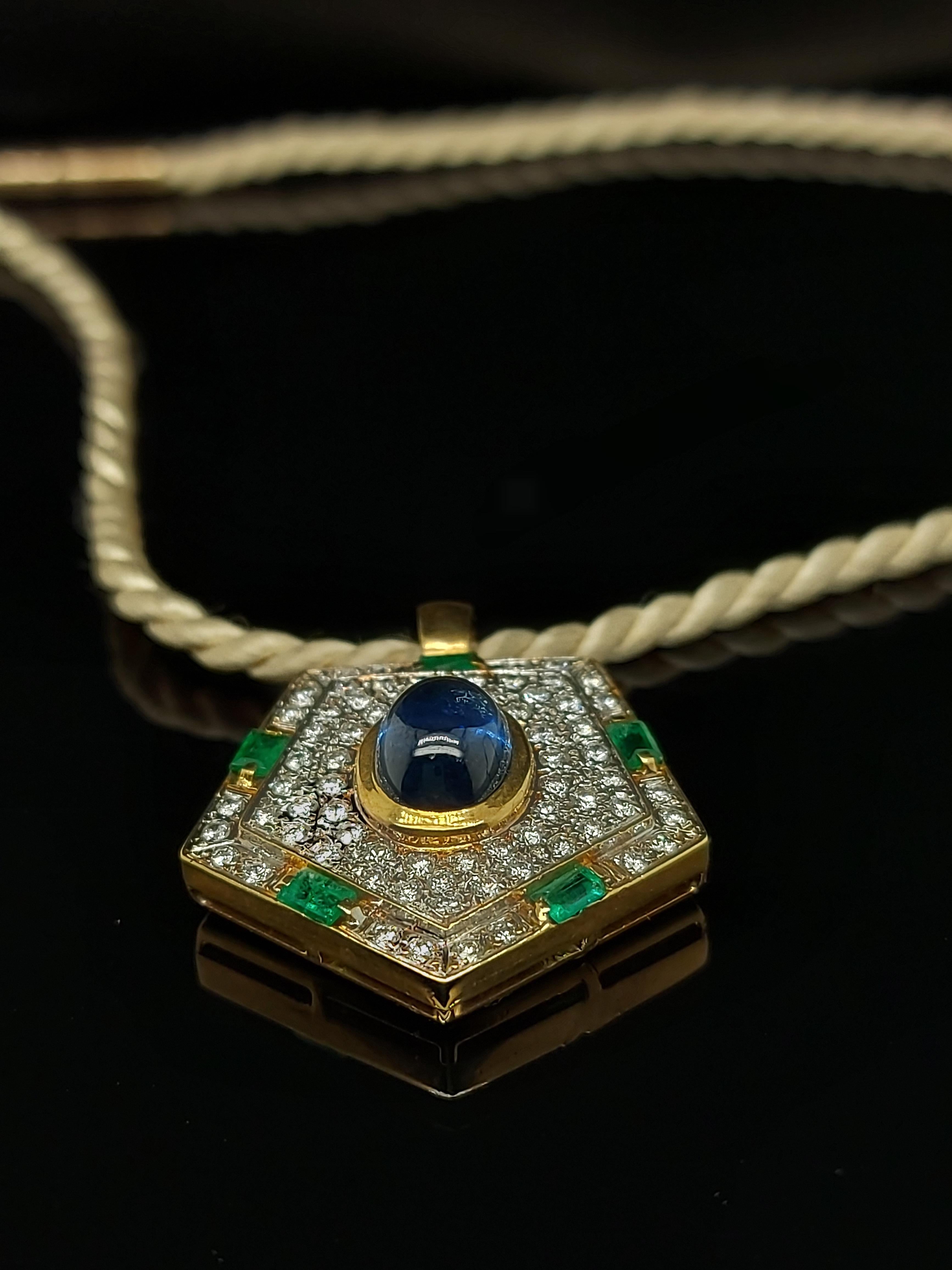 Yellow Gold Pendant with Diamonds, Emerald, Cabochon Sapphire 9