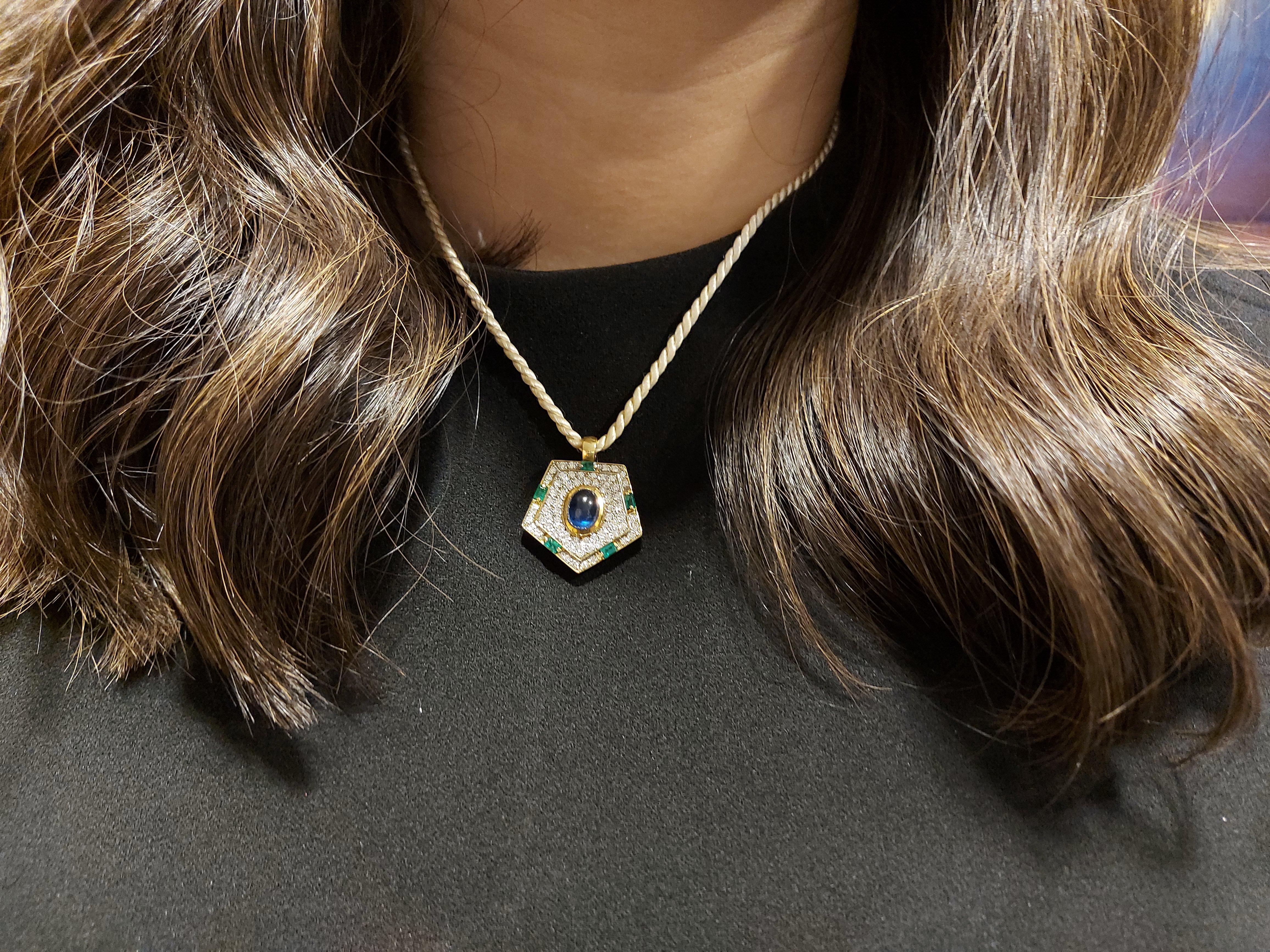 Yellow Gold Pendant with Diamonds, Emerald, Cabochon Sapphire 11