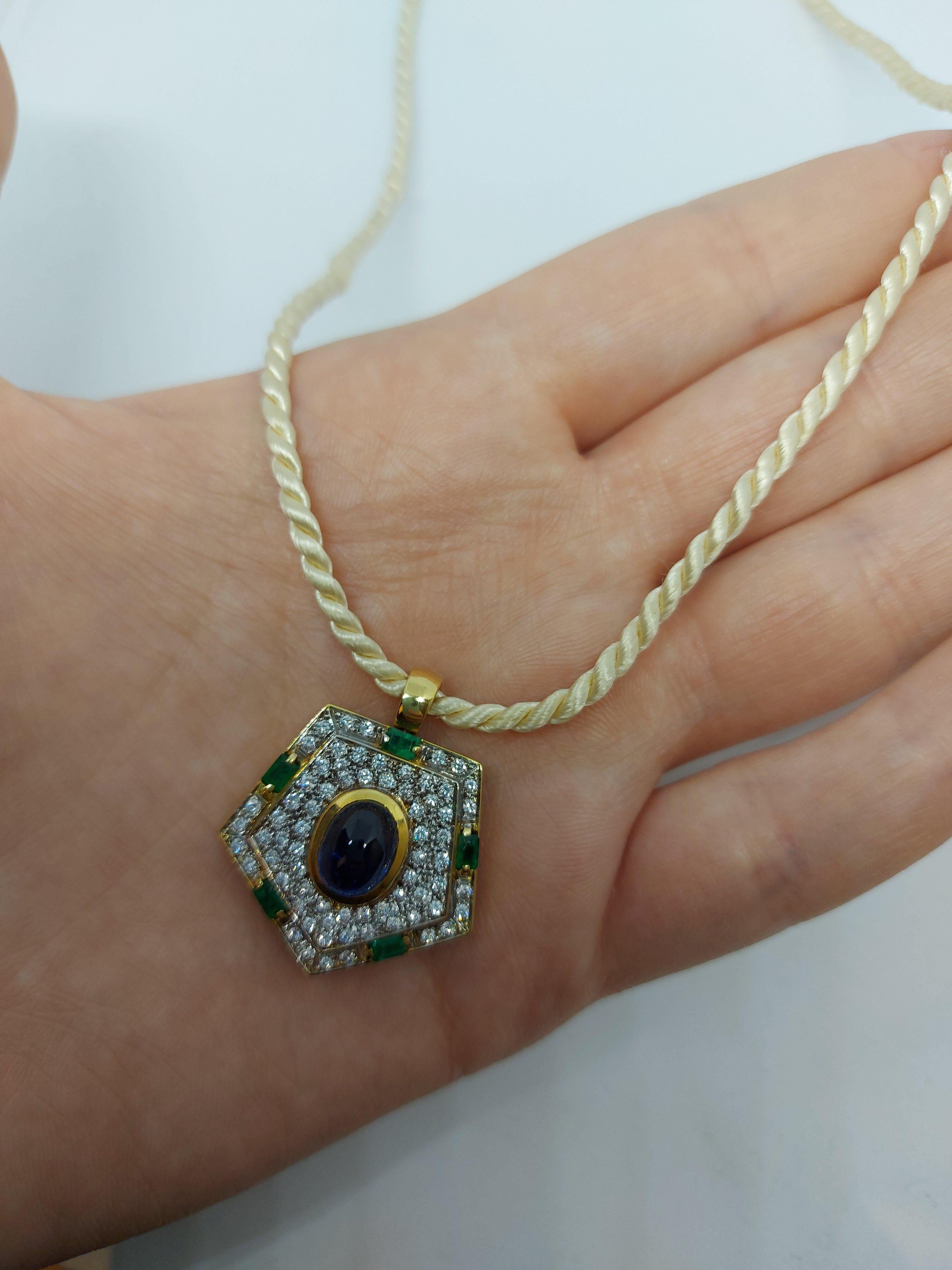 Yellow Gold Pendant with Diamonds, Emerald, Cabochon Sapphire 12