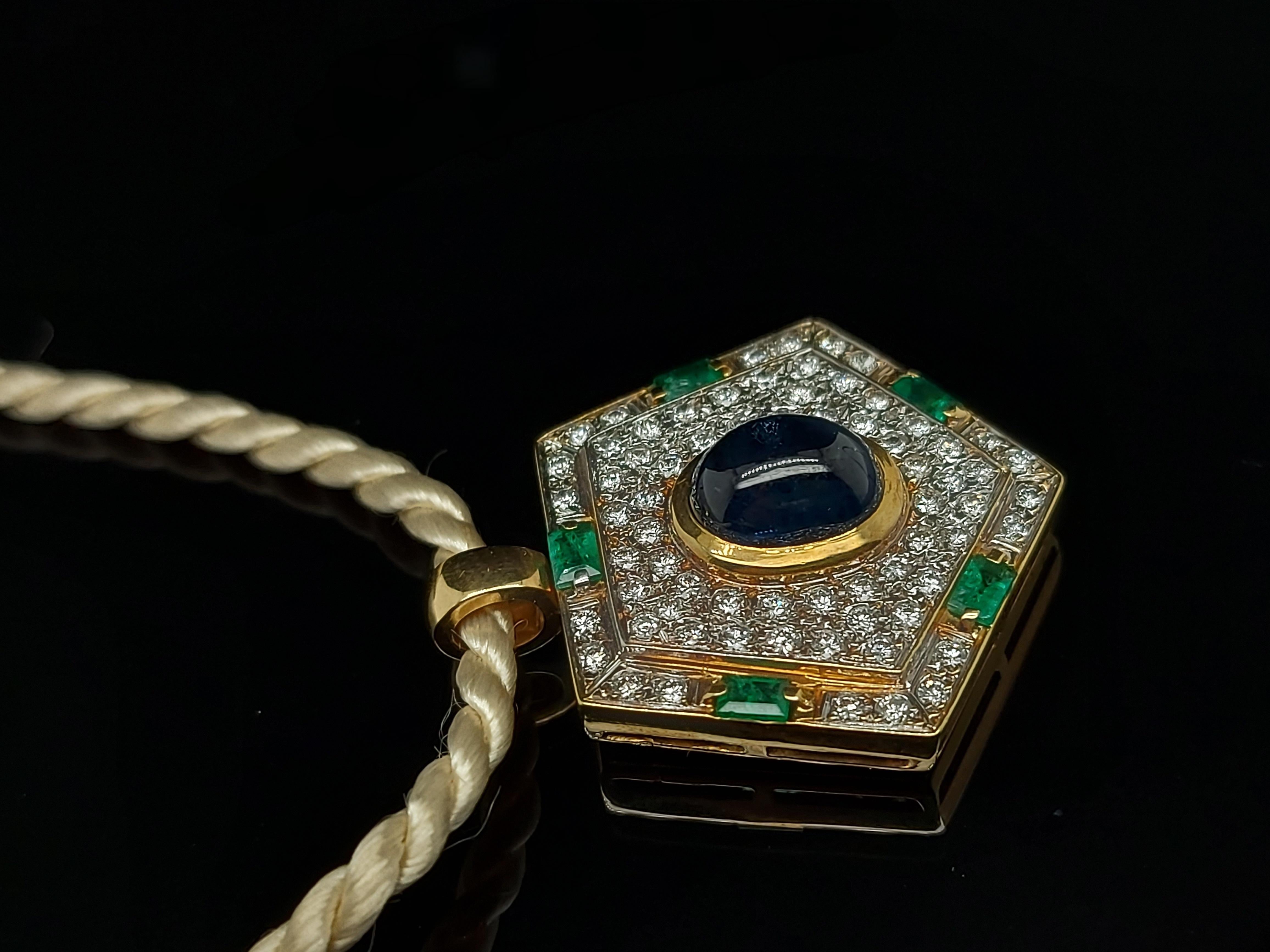 Yellow Gold Pendant with Diamonds, Emerald, Cabochon Sapphire

Extremely beautiful pendant to make the finishing touch for every event .

Matching earrings :   Ref:  LU1752210921432

Diamonds: 69 brilliant cut diamonds , Ca. 1.56 Ct

Sapphire: 1