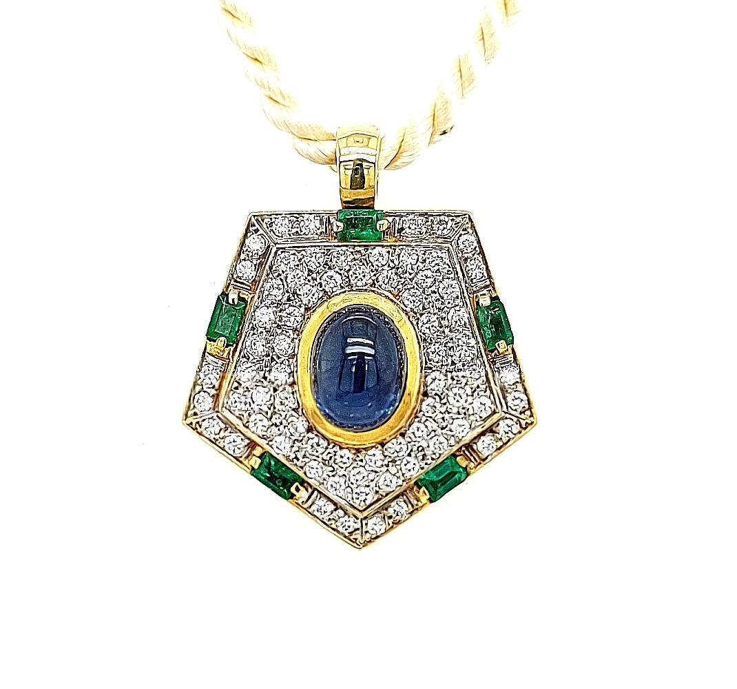 Artisan Yellow Gold Pendant with Diamonds, Emerald, Cabochon Sapphire